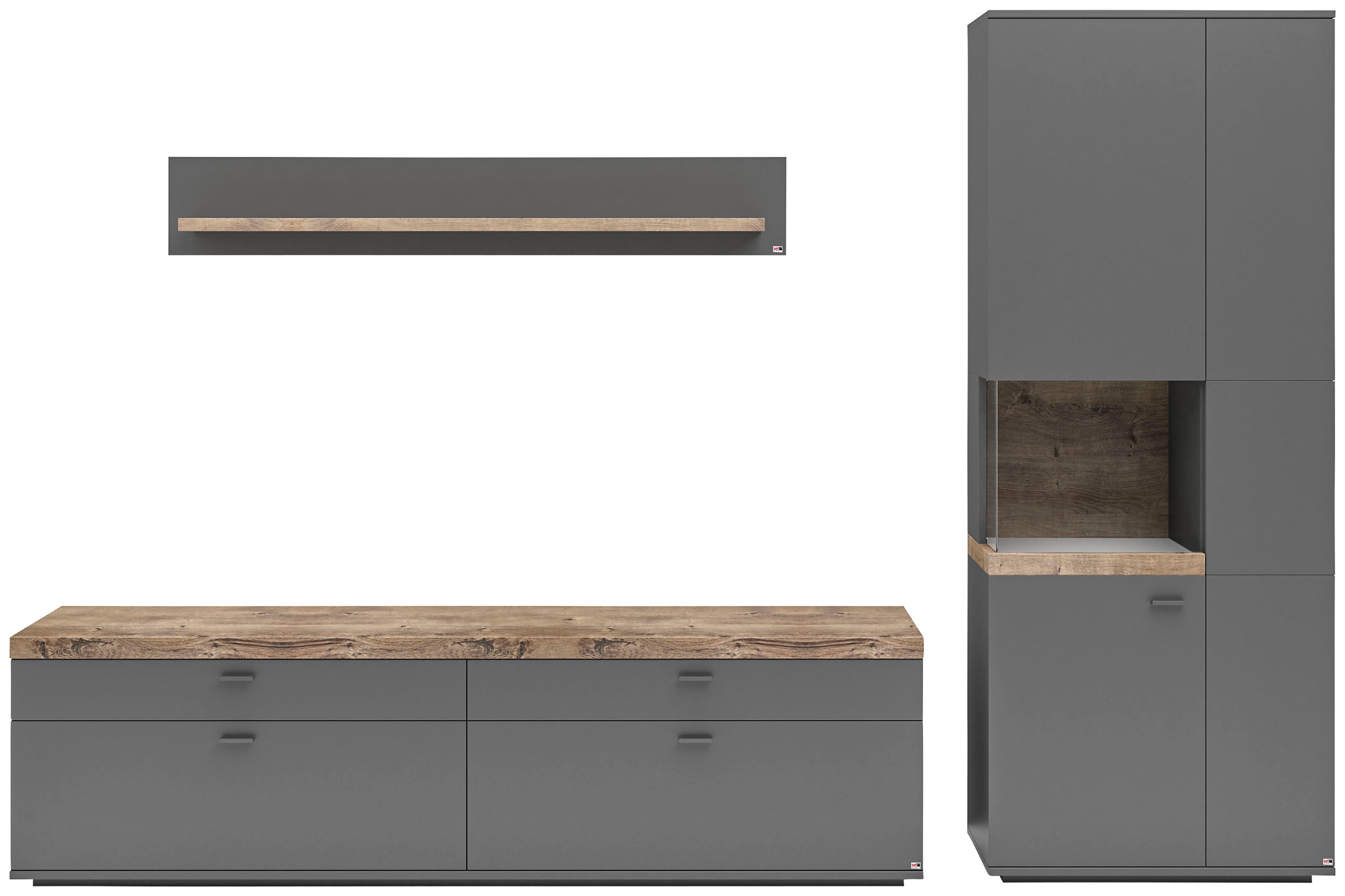 Wohnwand "Lancaster", grau (grau mit eiche ribbeck cognac), B:300cm H:206,2cm T:43,6cm, SET ONE BY MUSTERRING, Kastenmöbel-Sets, 3-teilig mit Fronten in weiß oder grau, Breite ca. 300cm