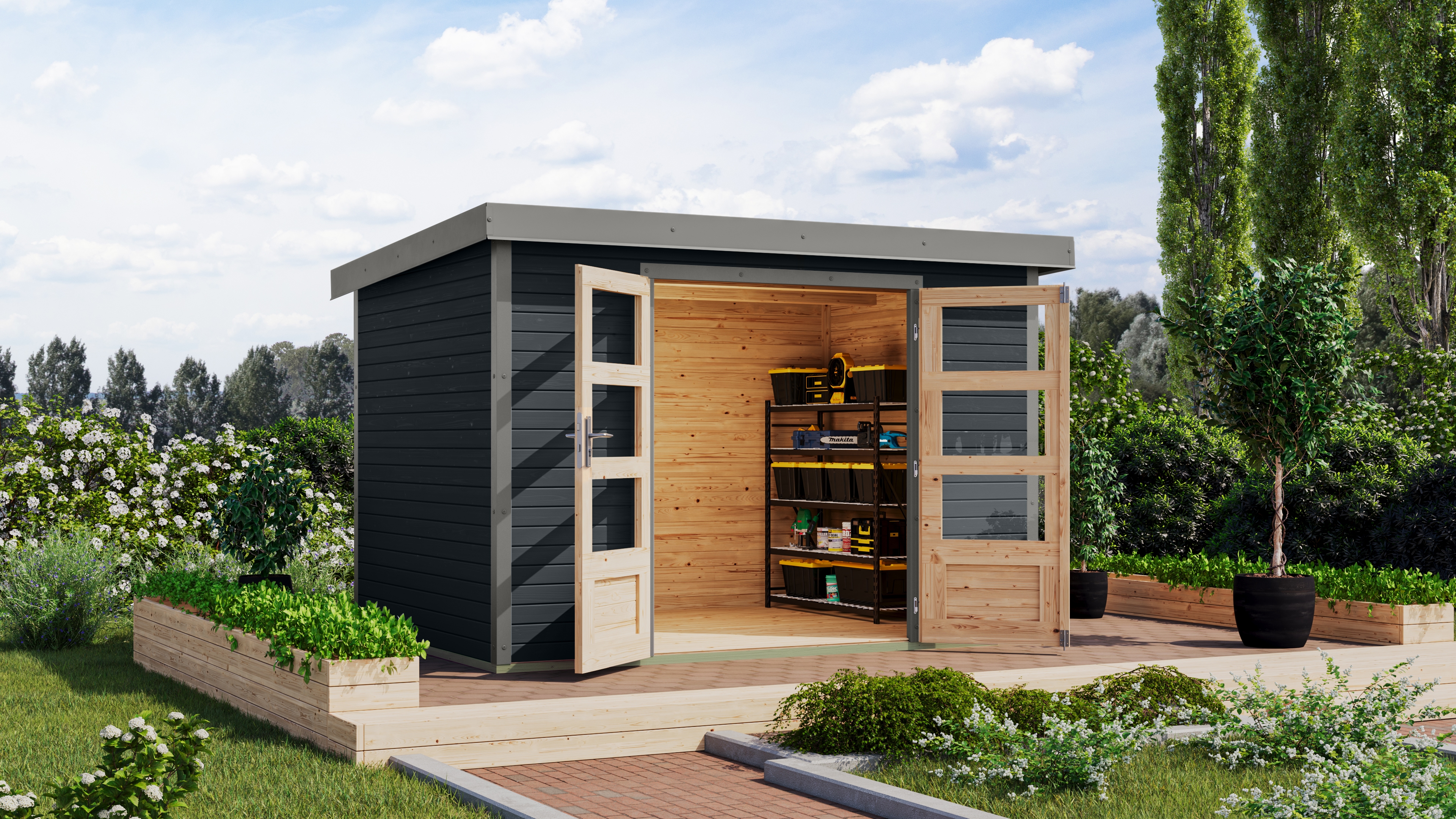 Gartenhaus KARIBU "Jupiter 4 C", anthrazit, graualuminium, ohne Fußboden, Holz, Stahl, Gartenhäuser, in verschiedenen Farben Image