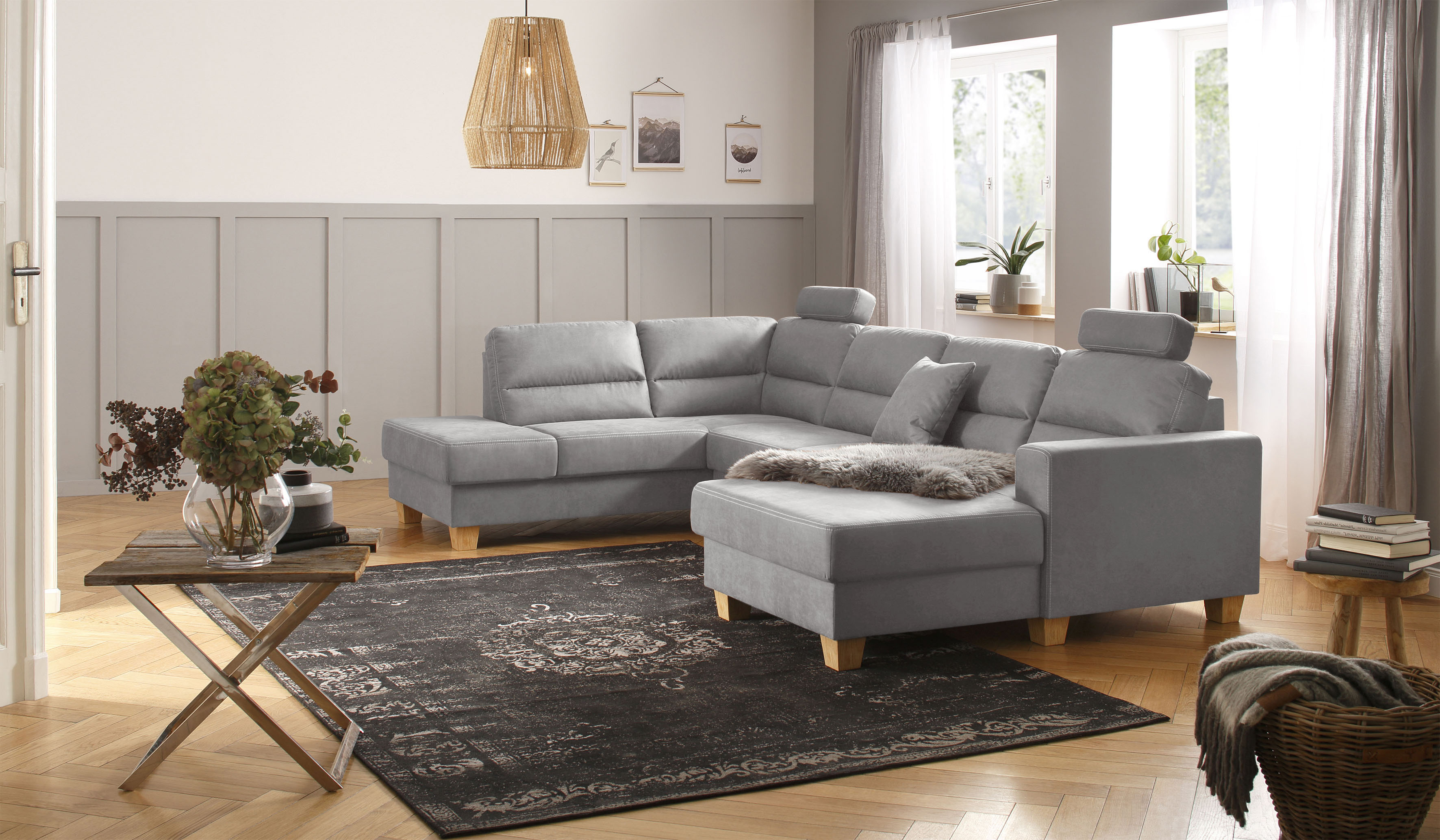 Wohnlandschaft HOME AFFAIRE "Navan, komfortabel mit viel Platz, U-Form", silber, B:313cm H:100cm, Sofas, Wohnlandschaft, wahlweise mit Bettfunktion und Kopfstütze