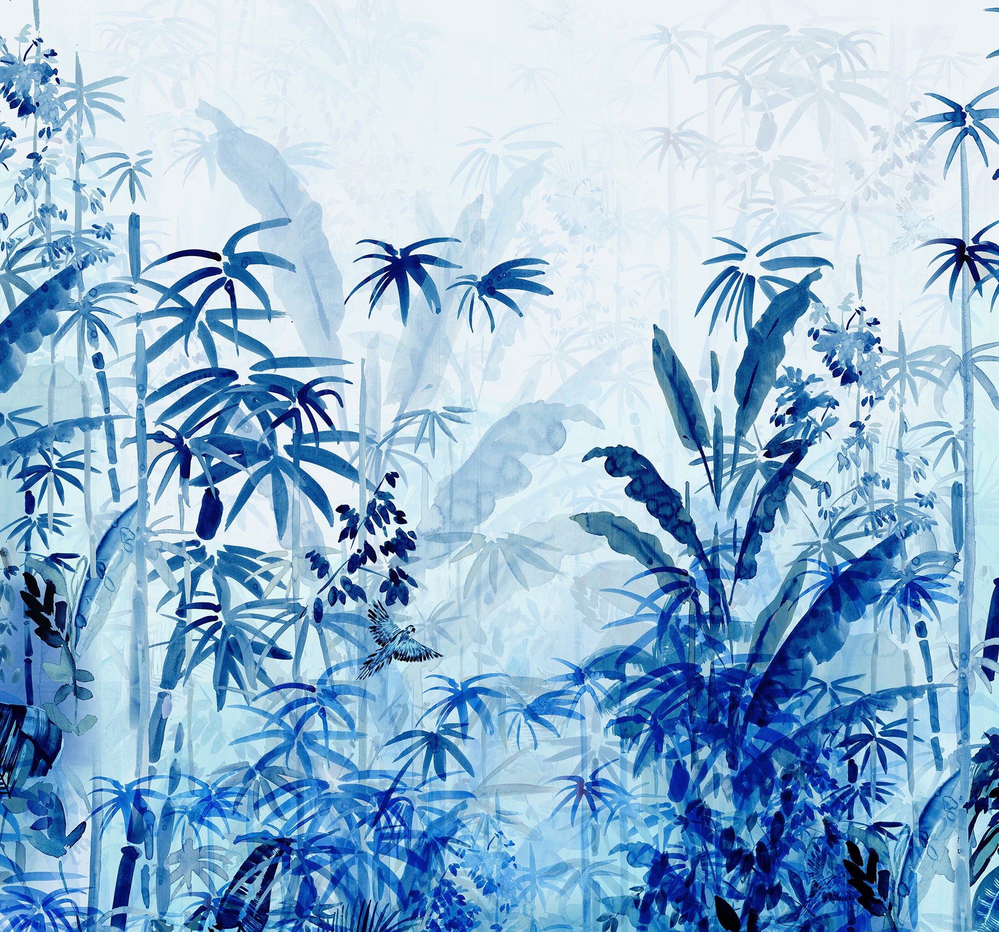 Vliestapete KOMAR "Digitaldruck Vlies - Blue Jungle - Größe 300 x 280 cm", blau (blau, weiß), B:300m L:280m, Vlies, Tapeten, Wohnzimmer, Schlafzimmer
