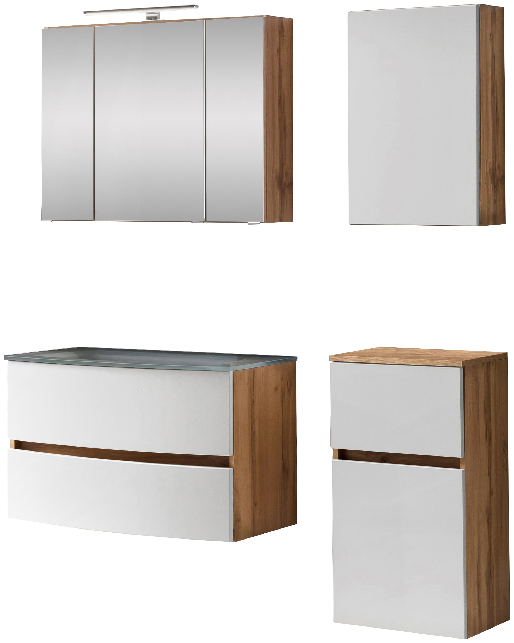 Badezimmer-Set WELLTIME "Kaunas", weiß (matt weiß, wotaneiche), B:120cm H:200cm T:49cm, Kastenmöbel-Sets, Breite 120 cm, Soft Close Funktion Image