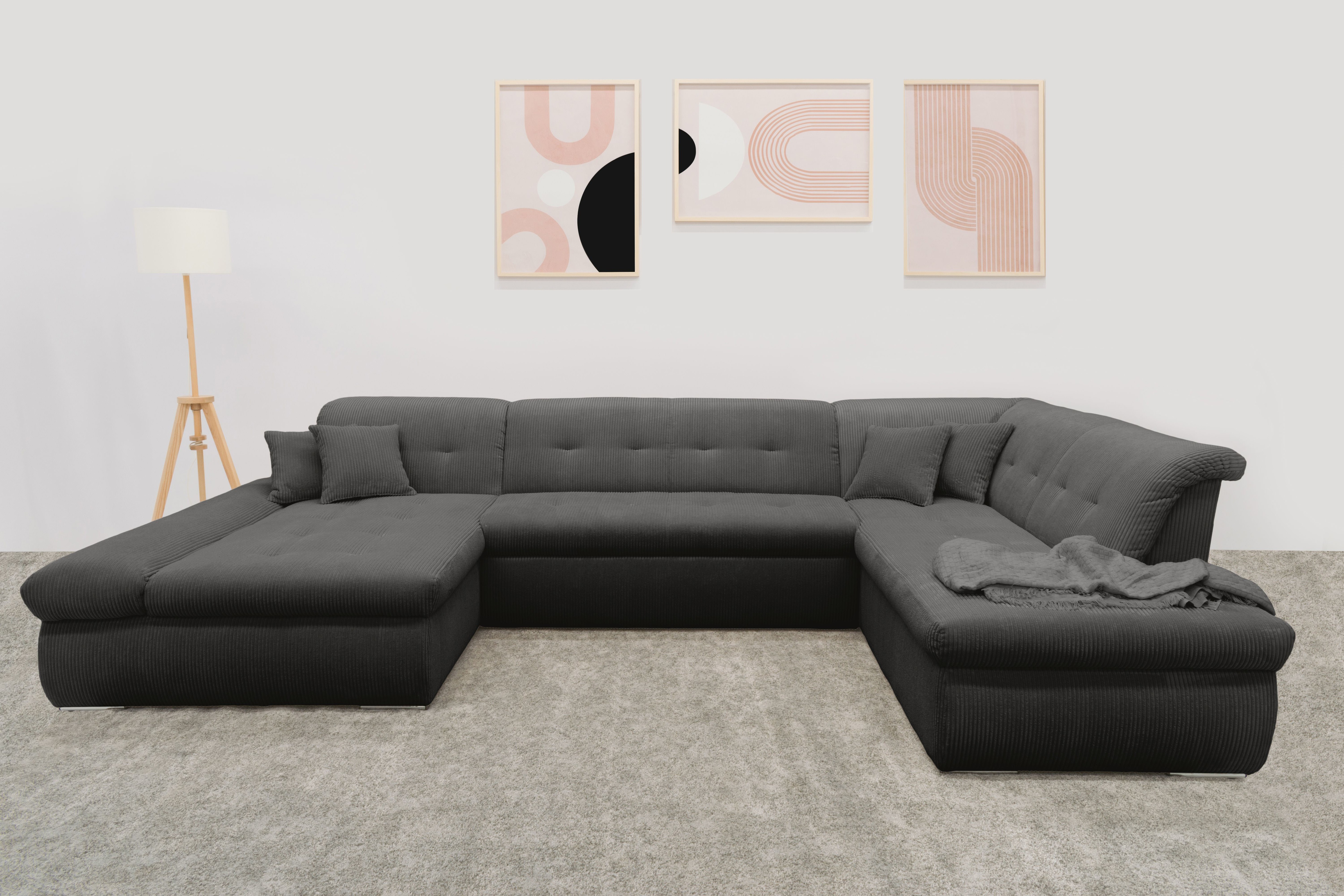 Wohnlandschaft DOMO COLLECTION "Moric U-Form, auch in Cord, Breite 353cm, viel Platz", grau, B:353cm H:80cm T:95cm, 100% Polyester, Sofas, Wohnlandschaft, im XXL-Format, wahlweise mit Bettfunktion und Armlehnenverstellung, Topseller