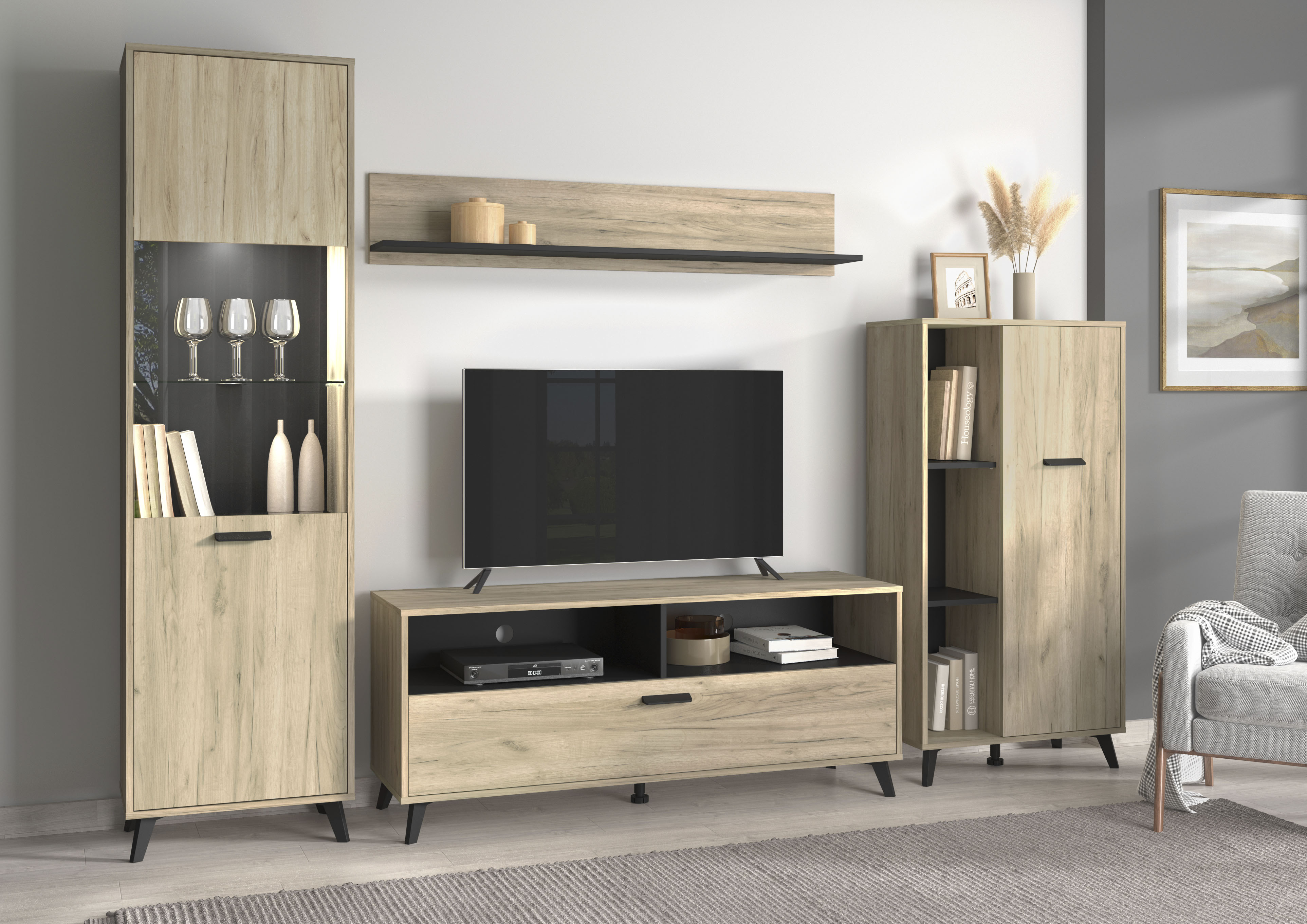Wohnwand INOSIGN "Umbria", schwarz (grau eichefarben, schwarz), Kastenmöbel-Sets, Wohnwand