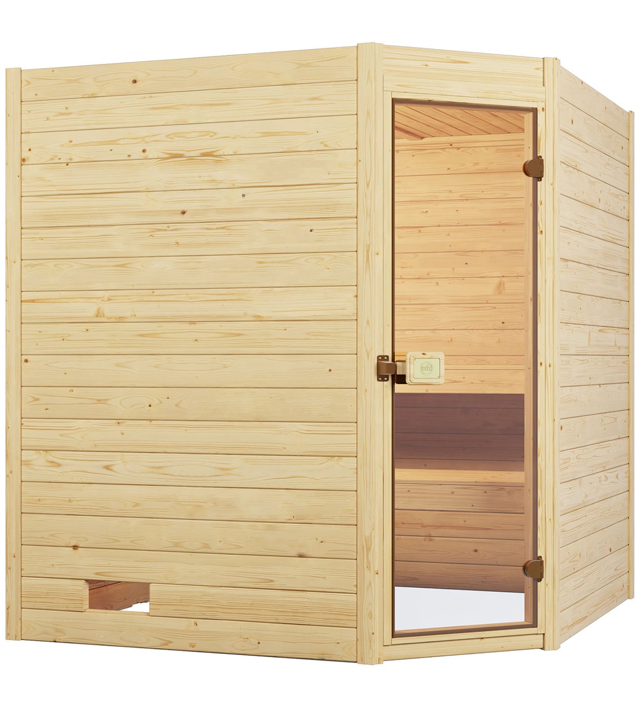 Sauna WEKA "Massivholzsauna VALIDA Eck 1.8", beige (natur), Saunaofen, integrierte Steuerung, 5,4 kW, Saunen, Blockbohlen, Eckeinstieg, moderne Ganzglastür