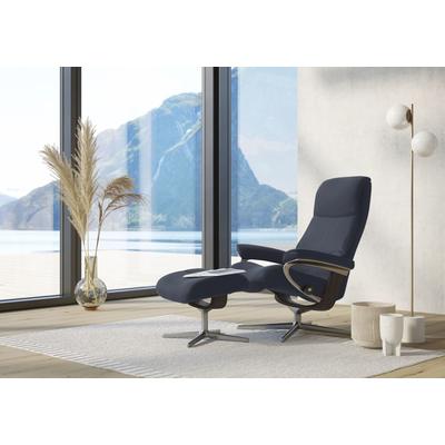 Relaxsessel STRESSLESS "View", blau (oxford blau paloma), B:91cm H:110cm T:85cm, Leder PALOMA: PALOMA ist ein durchgefärbtes Semianilin-Möbelleder mit natürlicher Narbung., Sessel, mit Hocker, mit Cross Base, Größe S, M & L, Holzakzent Wenge Image