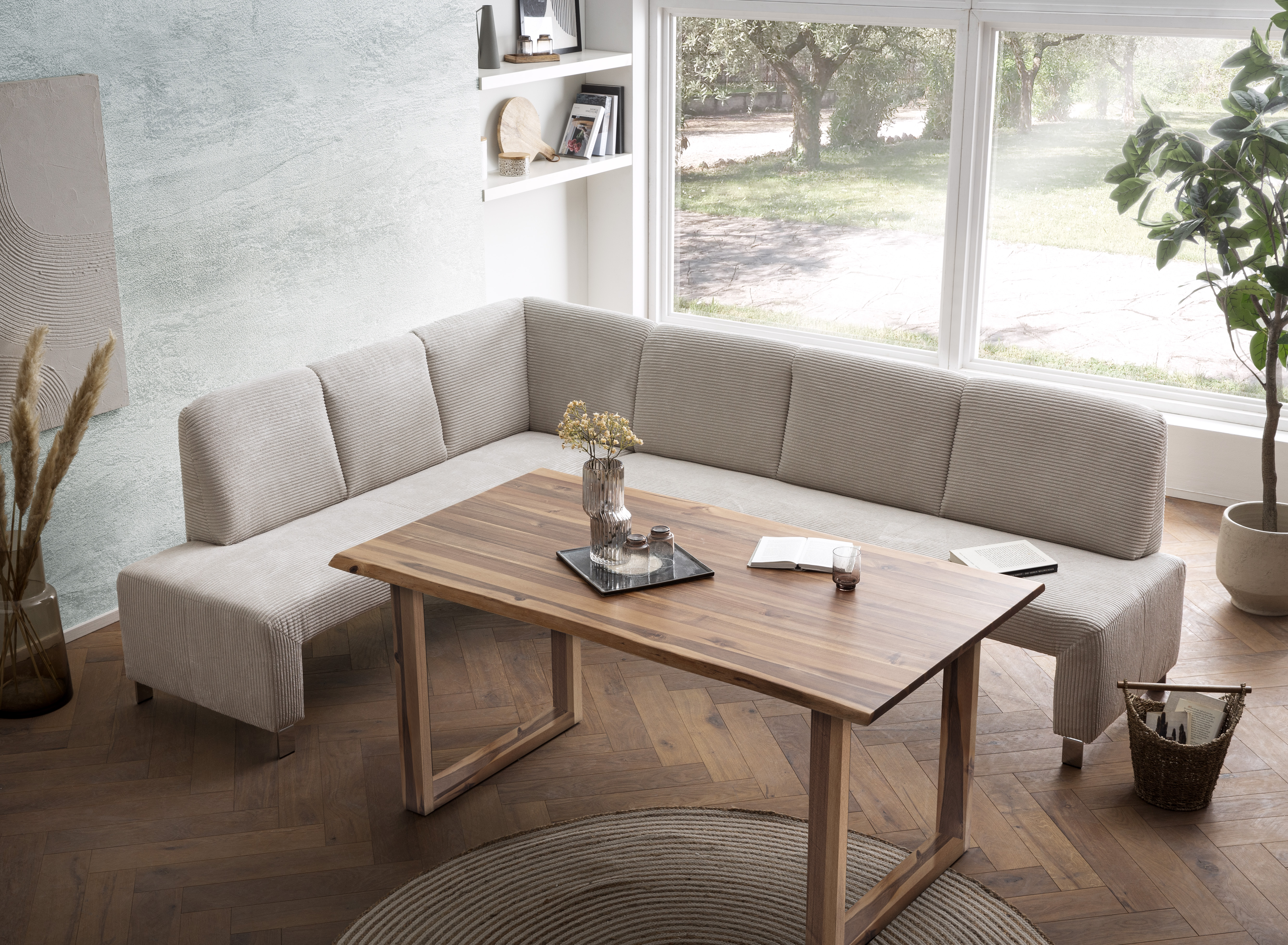 Eckbank EXXPO - SOFA FASHION "Intenso, modern, wahlweise in Leder oder Textil, 264/197 cm (B/T)", beige, B:264cm H:91cm T:197cm, NaturLeder;Strukturstoff (Zusammensetzung: Polyester 100%);Luxus-Microfaser (Zusammensetzung: Aufgeflockte 100%...