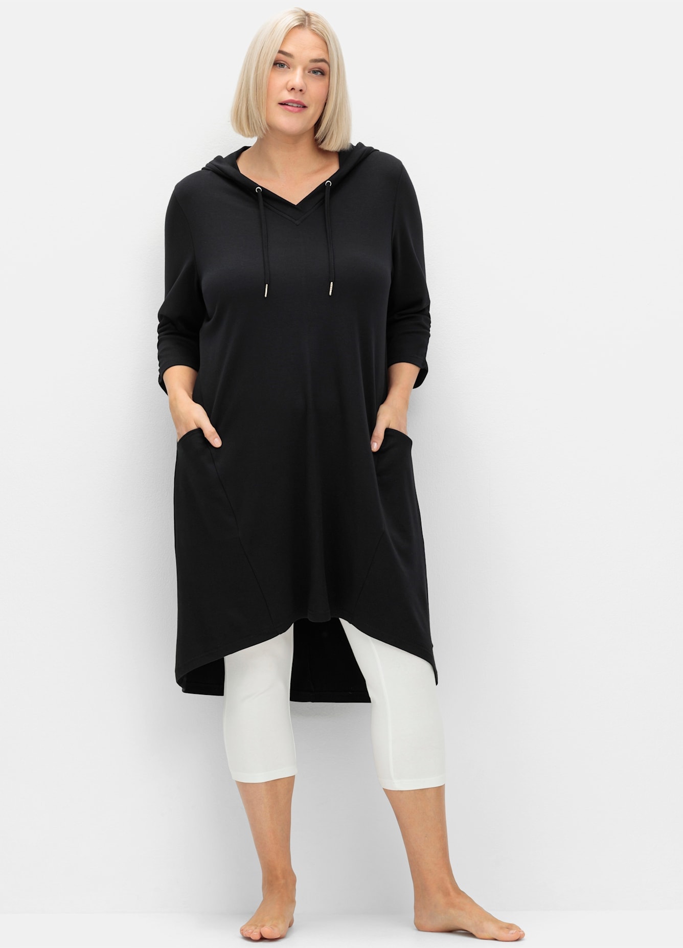 Shirtkleid SHEEGO "Shirtkleid", Damen, Gr. 56/58, Normalgrößen, schwarz, Jersey, 50% Baumwolle, 50% Modal, unifarben, knielang, Kleider Image
