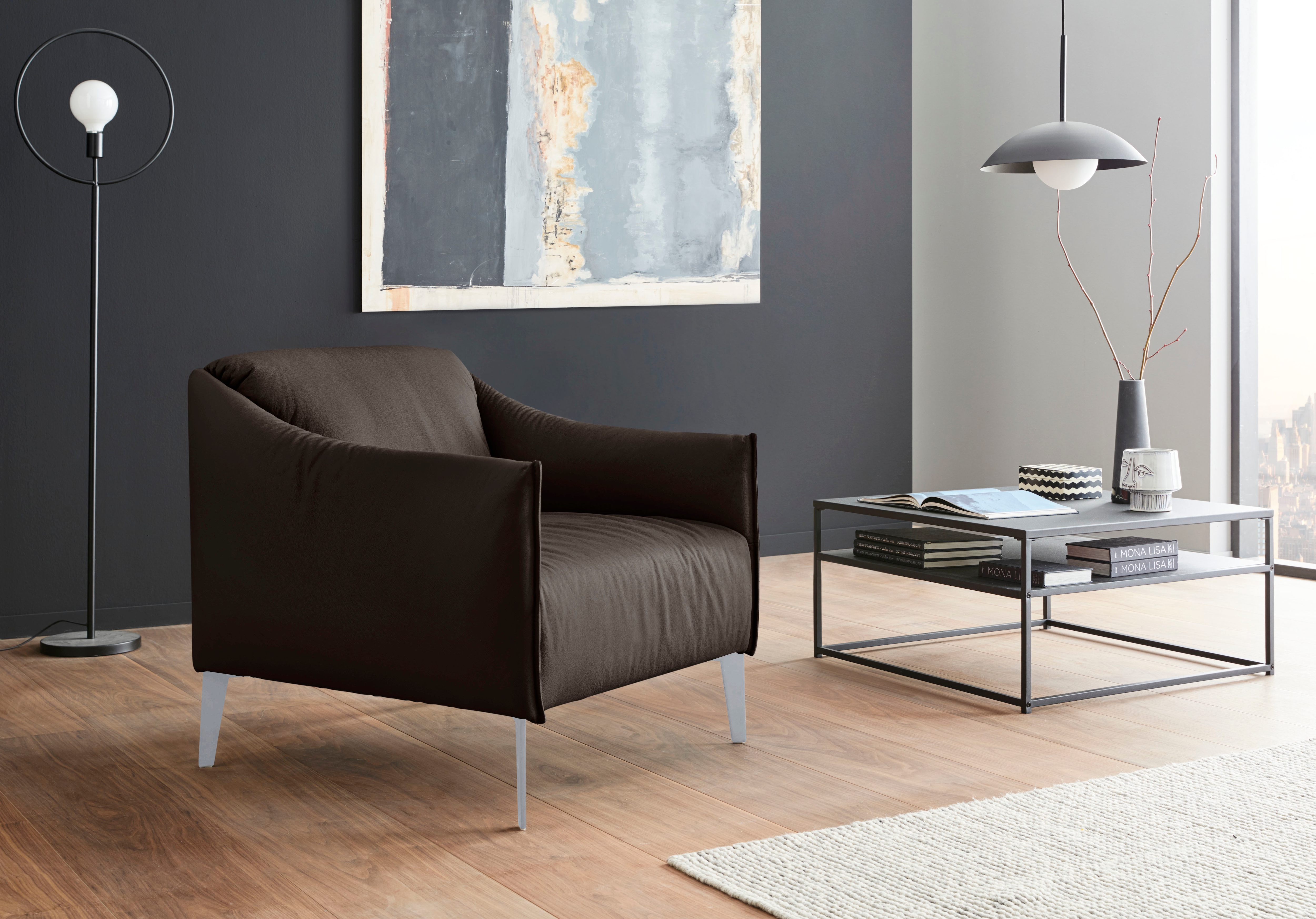 Cocktailsessel W.SCHILLIG "sally", braun (braun z59), B:84cm H:78cm T:84cm, Longlife Xtra-Leder Z59: Glattleder mit modischer Prägung. Hautstärke 0, 9 - 1, 1 mm., Sessel, Cocktailsessel, mit Metall-Winkelfüßen in Silber matt