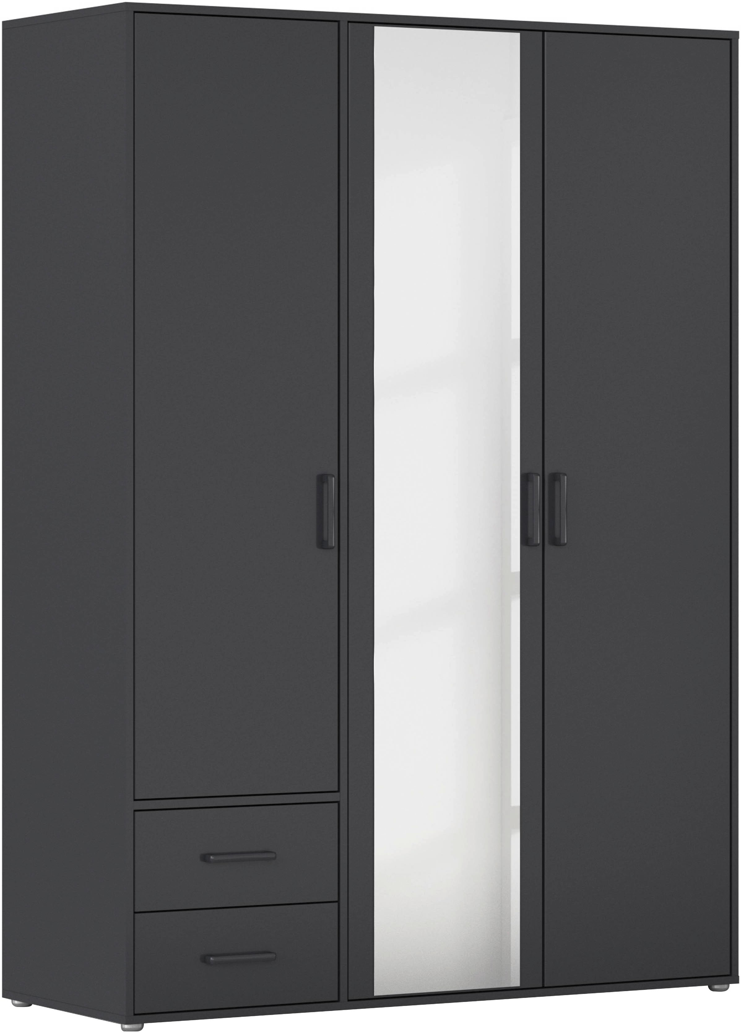 Drehtürenschrank RAUCH "Kleiderschrank Schrank Garderobe Wäscheschrank VOYAGER", grau (graumetallic), B:140cm H:194cm T:53cm, Holzwerkstoff, Schränke, Drehtürenschrank, mit modernen Griffen in Graumetallic, inkl. Schubkästen und Spiegel