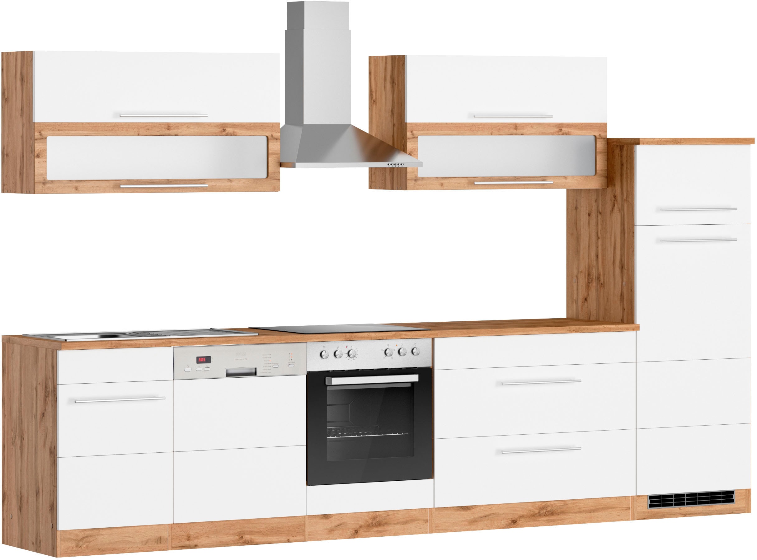 Küchenzeile KOCHSTATION "KS-Wien", weiß (küche: weiß, front: weiß, korpus: wotaneichefarben, arbeitsplatte: wotaneichefarben), B:330cm H:200cm T:60cm, Komplettküchen-Sets, Breite 330 cm, wahlweise mit E-Geräten Image