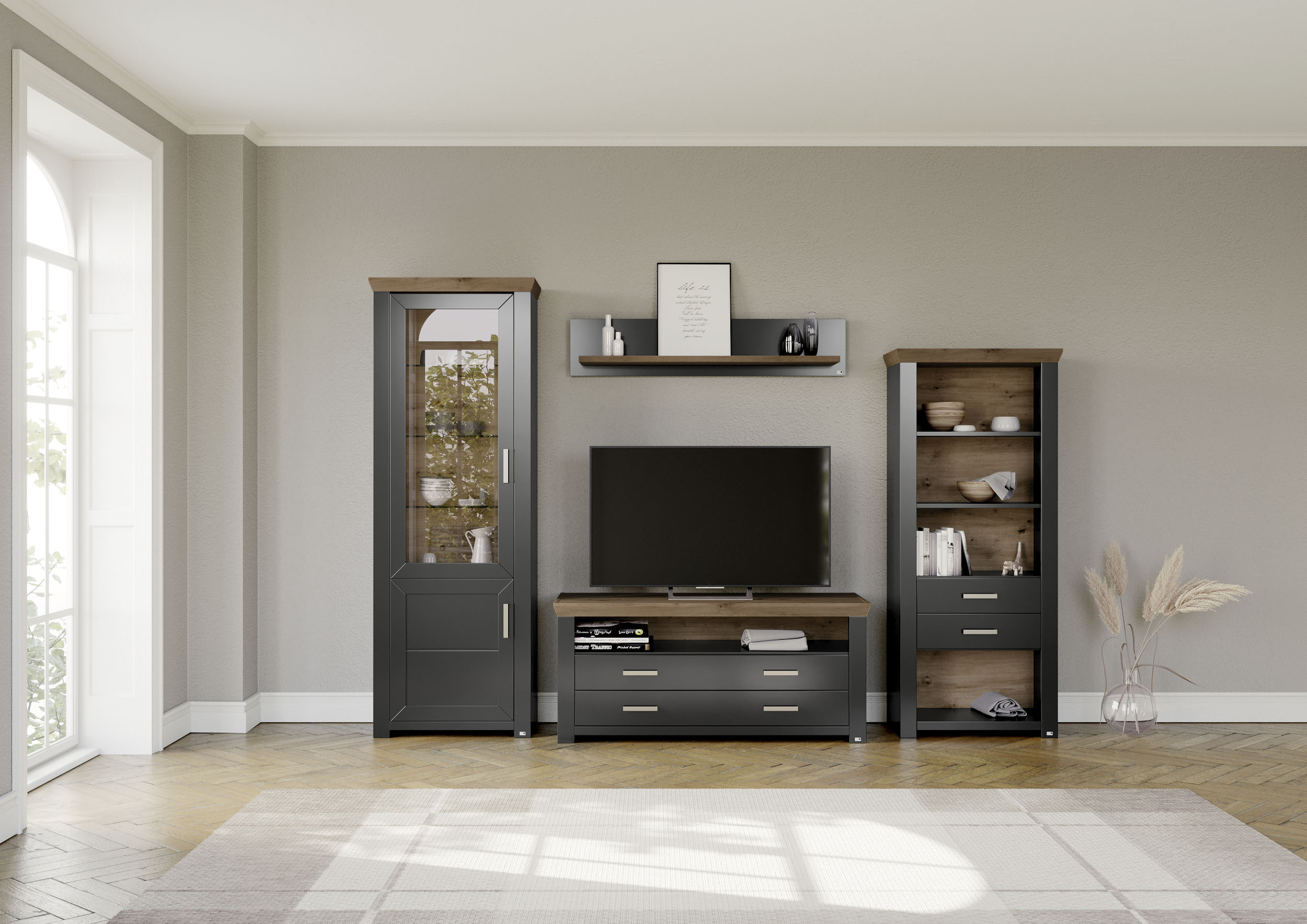 Wohnwand "York", grau (grau, eiche), B:310cm H:207cm T:51cm, Spanplatte, SET ONE BY MUSTERRING, Kastenmöbel-Sets, Kombination 04, in 3 Farbvarianten, Gesamtbreite 310 cm