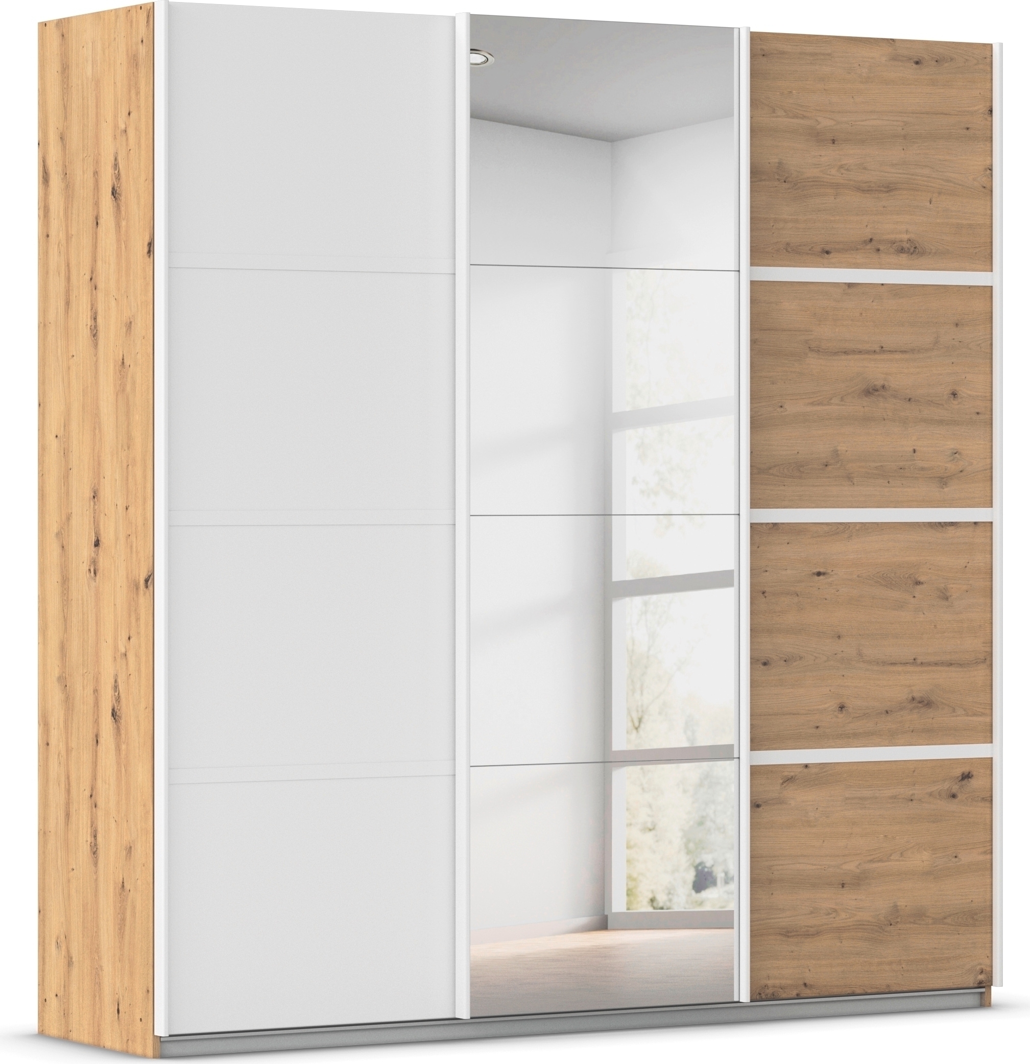 Kleiderschrank RAUCH "Schwebetürenschrank OTTO´s Choice Garderobe Schrank TOP ANGEBOT Avola", weiß (eiche artisan, alpinweiß, leisten weiß), B:203cm H:229cm T:62cm, Holzwerkstoff, Schränke, mit eleganten Zierleisten in Chrom, Schwarz oder Weiß MADE... Image