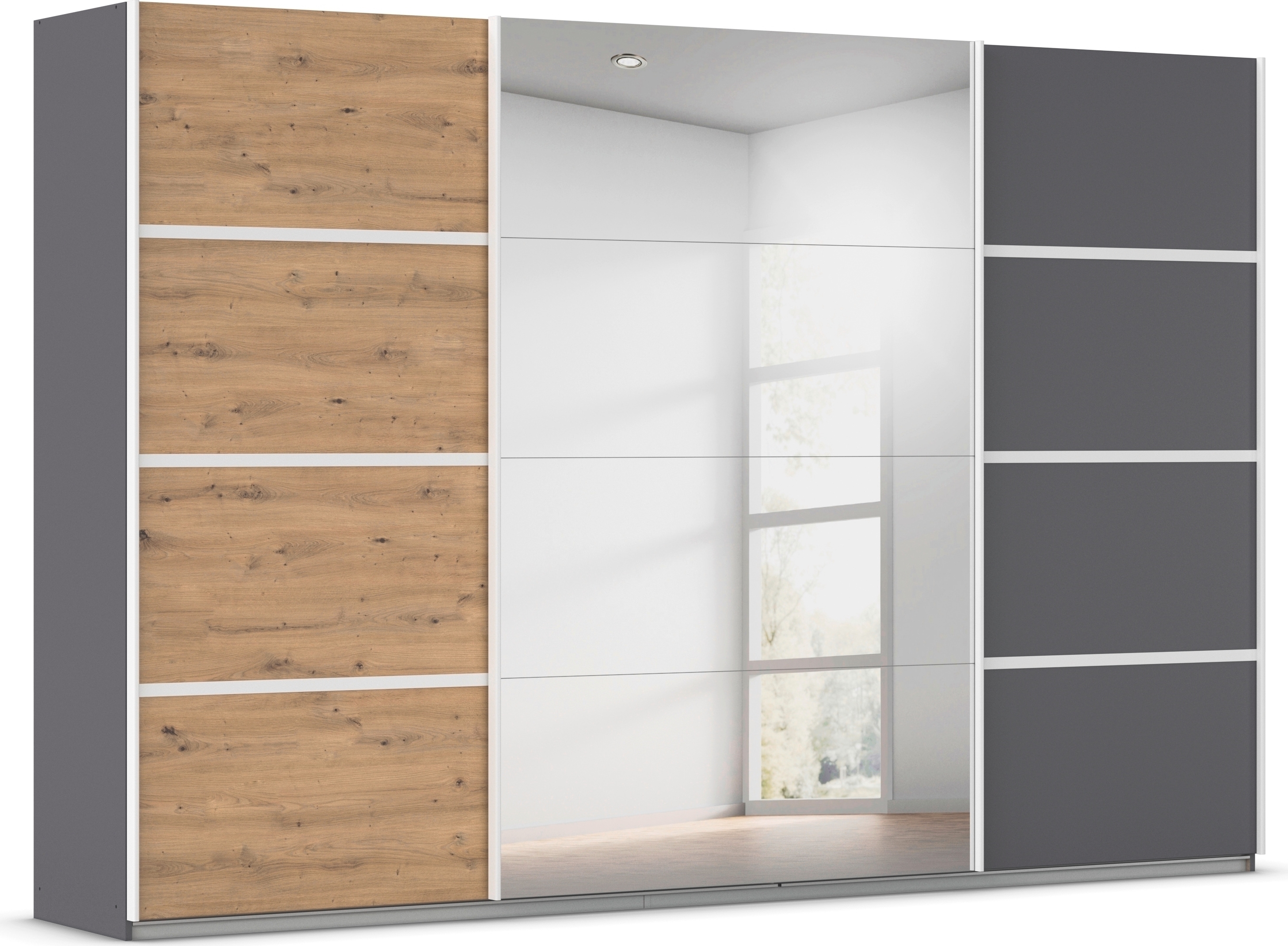 Kleiderschrank RAUCH "Schwebetürenschrank OTTO´s Choice Garderobe Schrank TOP ANGEBOT Avola", graumetallic, eiche artisan, leisten weiß, B:315cm H:210cm T:62cm, Holzwerkstoff, Schränke, mit eleganten Zierleisten in Chrom, Schwarz oder Weiß MADE IN... Image