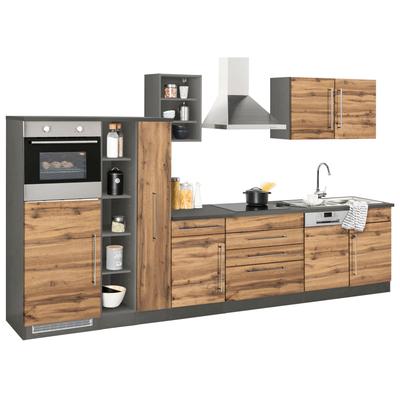 Küchenzeile KOCHSTATION "KS-Samos", braun (front: wotaneichefarben, korpus: grafitgrau, arbeitsplatte: anthrazit), B:350cm H:200cm T:60cm, Komplettküchen-Sets, Küchenzeile, Breite 350 cm, wahlweise mit E-Geräten und Induktionskochfeld Image