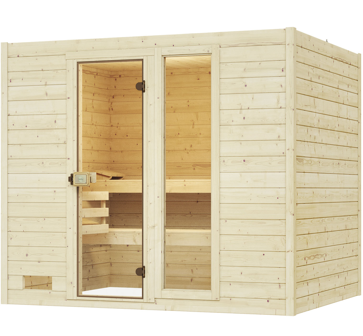 Sauna WEKA "Massivholzsauna VALIDA 4", beige (natur), Bio-Ofen, externe Steuerung, 9 kW, Saunen, Blockbohlen, Fensterelement, moderne Ganzglastür