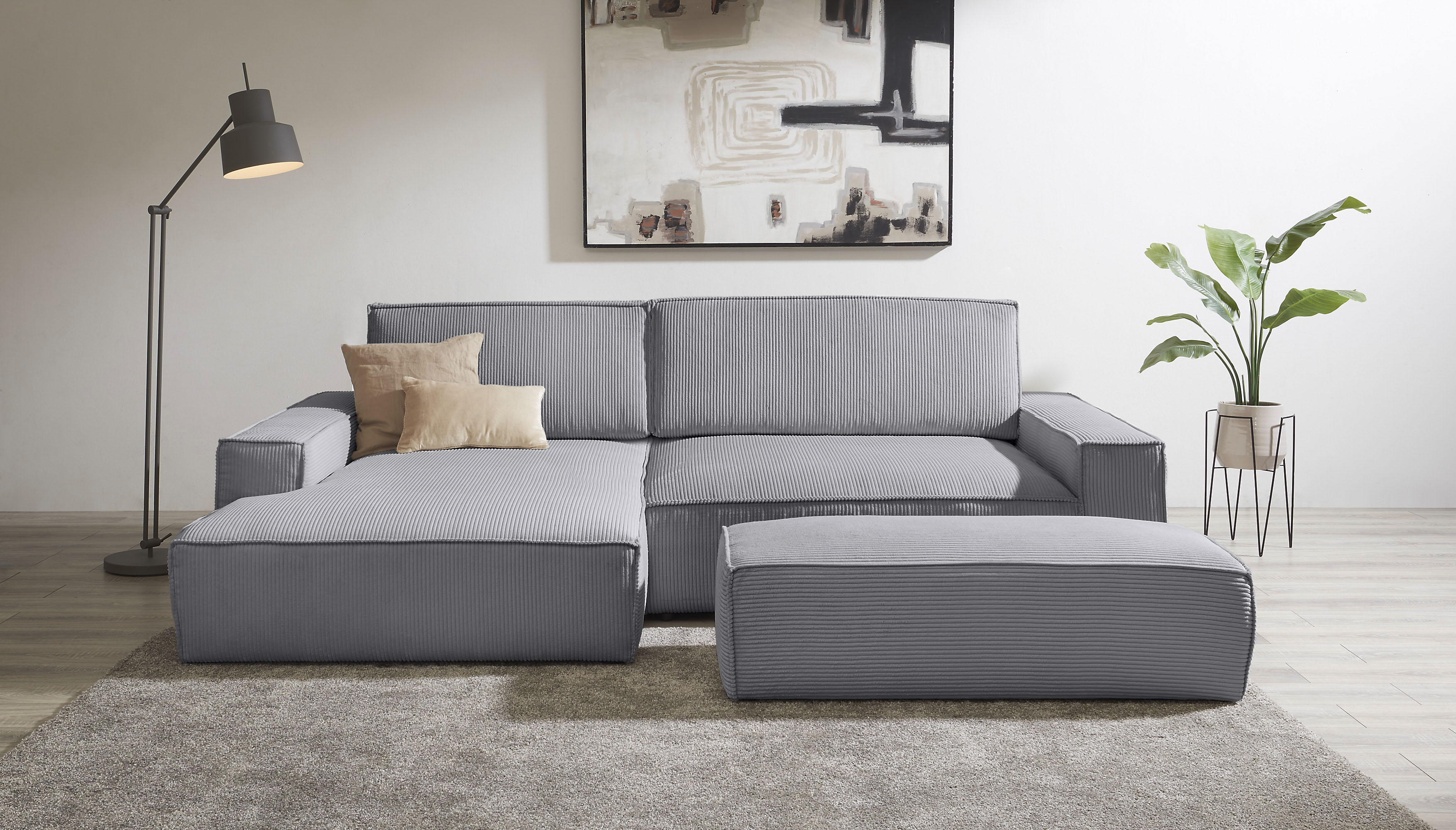Polsterecke HOME AFFAIRE "SHERWOOD XXL tief, L-Form, Schlaffunktion, Bigsofa, Cord, Leinenoptik", grau (dunkelgrau), B:284cm H:90cm T:135cm, 100% Polyester, Sofas, stellbar zum Schlafsofa (Krokodilverbinder), Cord, Leinenoptik