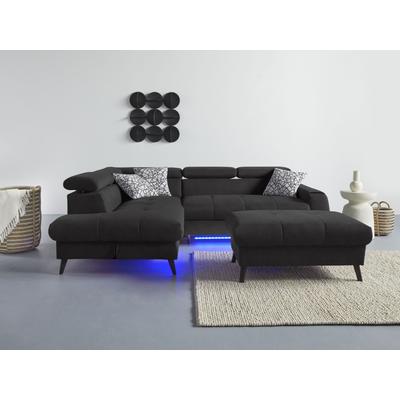 Ecksofa COTTA "Mia L-Form mit 3 Zierkissen", grau (charcoal), B:244cm H:74cm T:193cm, 100% Polyester, Sofas, wahlweise mit Bettfunktion, Bettkasten, Beleuchtung & Wireless-Charger Image