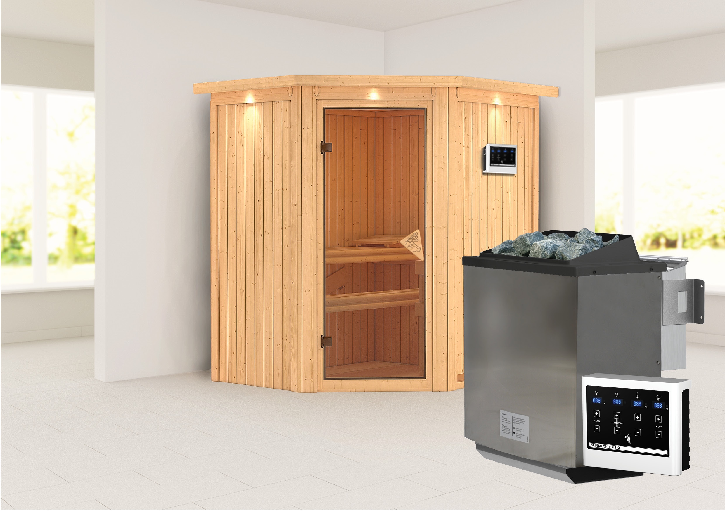 Sauna KARIBU "»Liyah« mit bronzierter Tür und Kranz naturbelassen", beige (naturbelassen), Bio-Kombiofen, externe Steuerung, (ohne Ofen), Saunen, in verschiedenen Ausführungen erhältlich Image