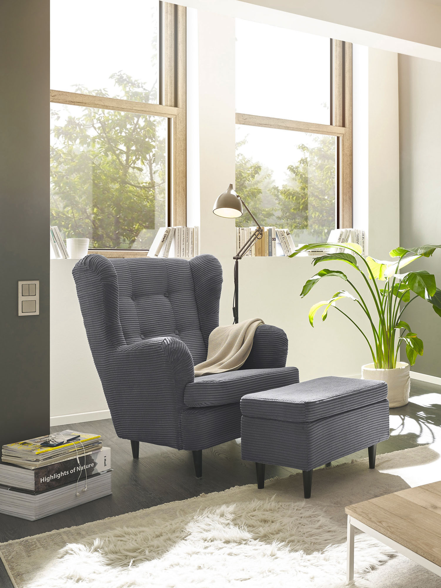 Ohrensessel ED EXCITING DESIGN "Oskar", grau (dunkelgrau), B:78cm H:102cm T:98cm, 92% Polyester, 8% Nylon, Sessel, Ohrensessel, mit Massivholzfüßen