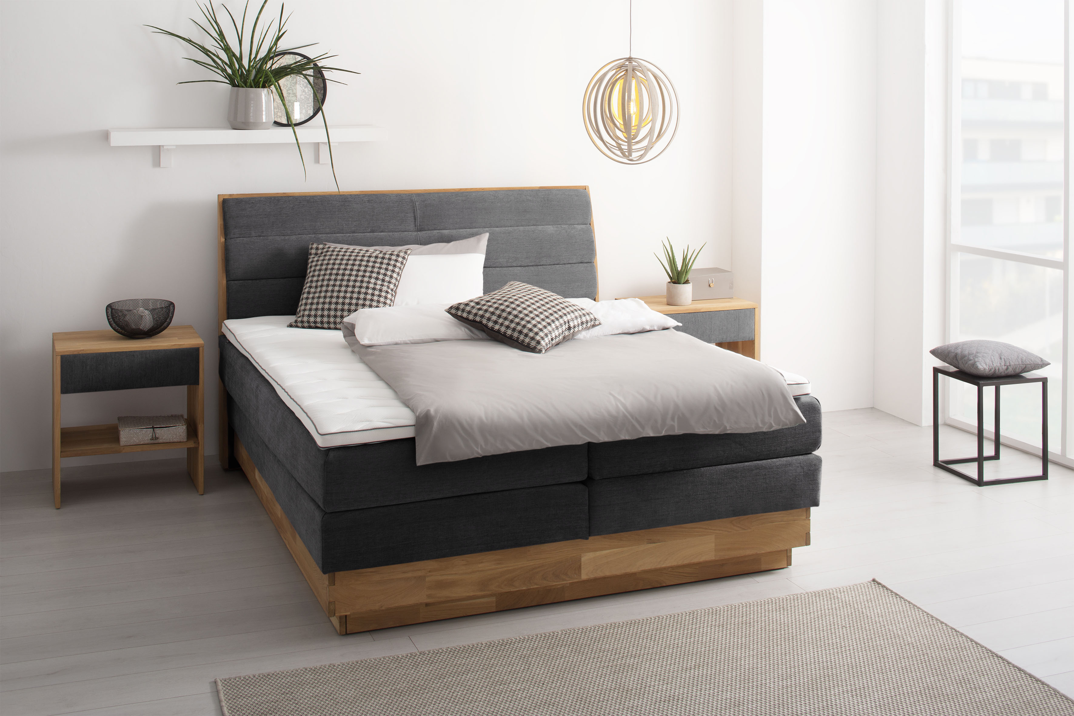 Boxspringbett OTTO PRODUCTS, grau (ferro), B:184cm L:216cm, Komplettbetten, Boxspringbett, LED-Beleuchtung, mit zertifizierten, recycelten Bezugsstoffen Image
