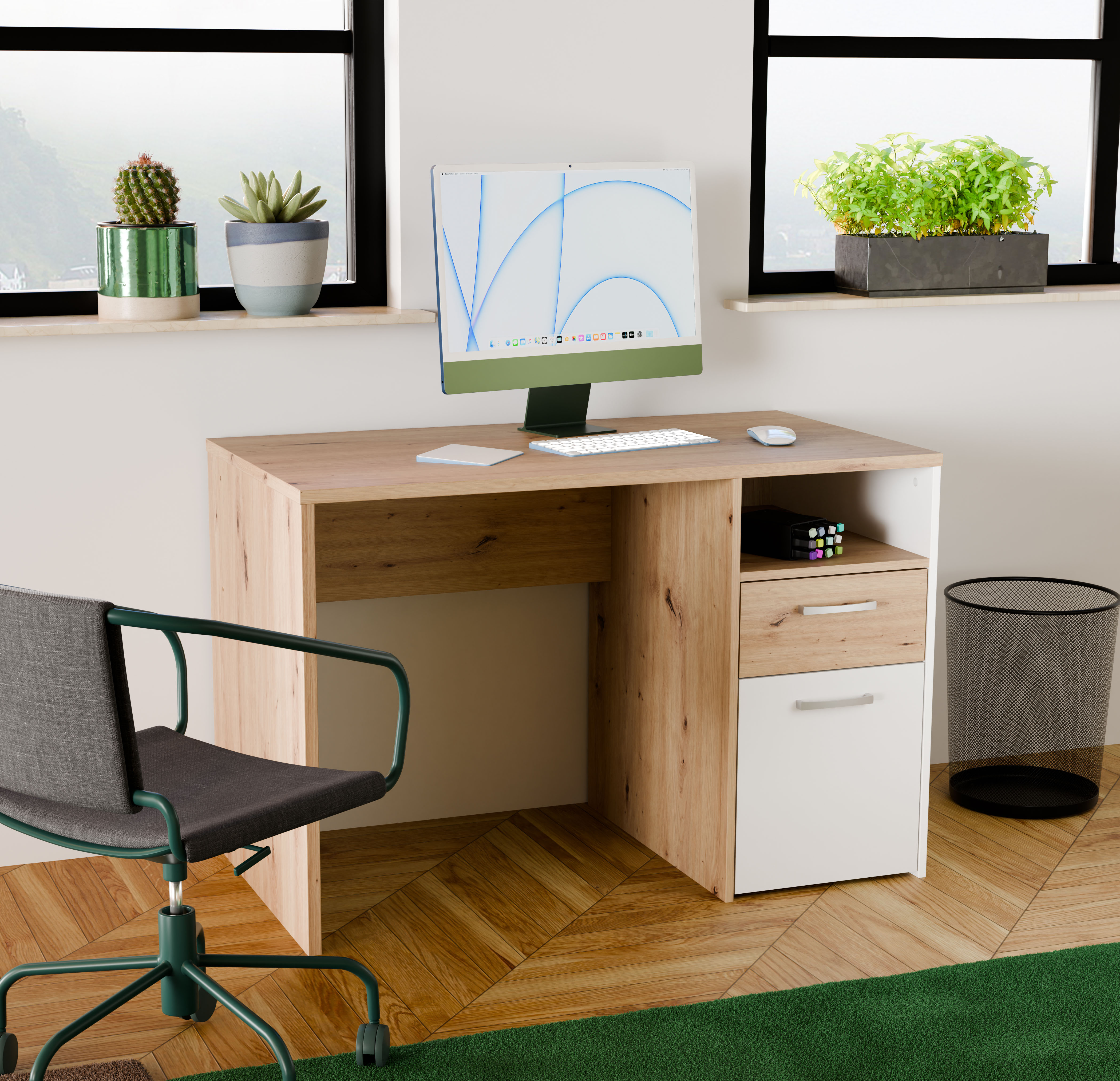 Schreibtisch FORTE "Culgoa", braun (artisan eiche, artisan eiche, weiß, artisan eiche), B:110cm H:75,3cm T:60cm, Tische, Schreibtisch, Schreibtisch, Stauraum, Schubkasten, Türe, offenes Fach, pflegeleicht