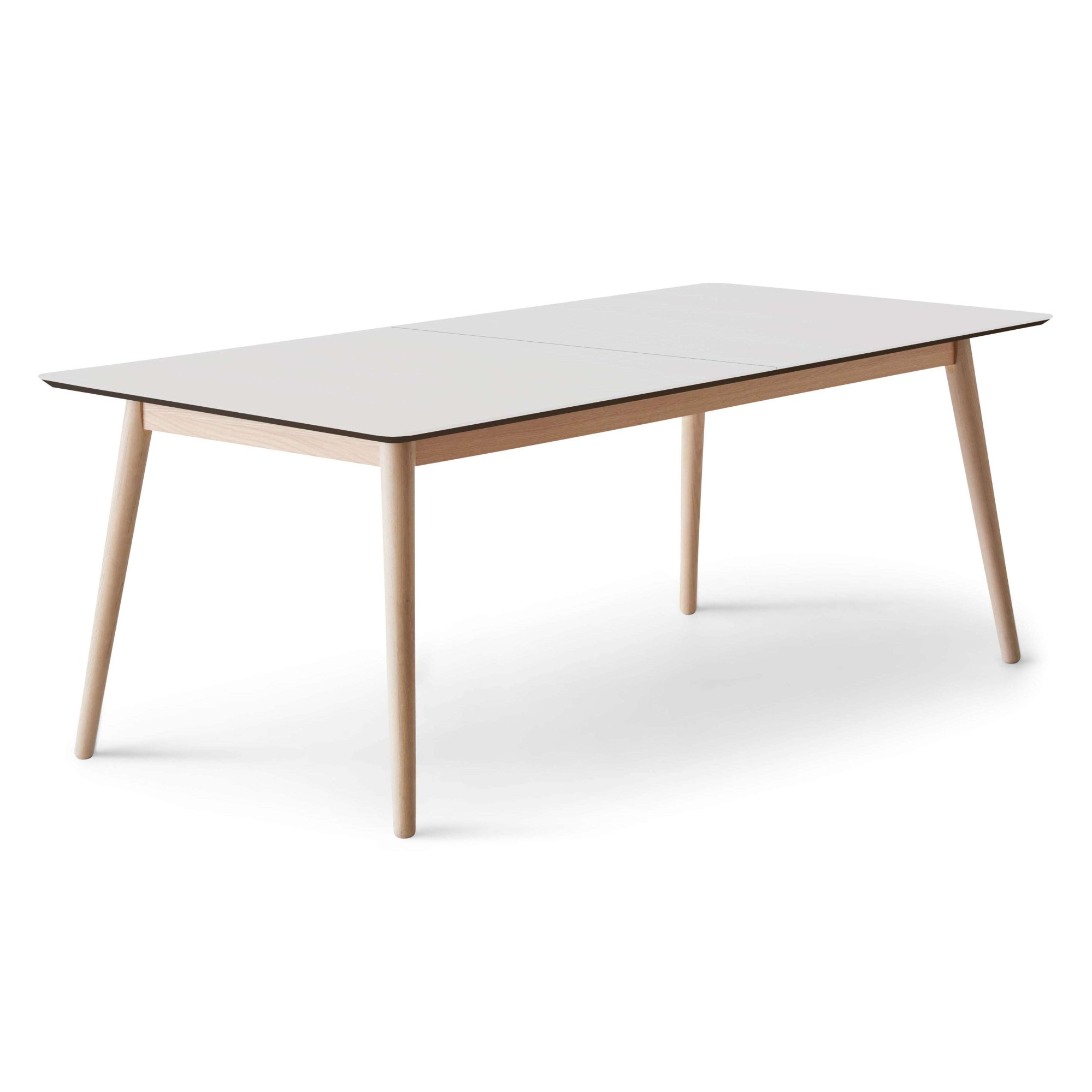 Esstisch HAMMEL FURNITURE "Meza Designtisch mit Auszugsfunktion und 2 Einlegeplatten", weiß (weiß, natur, weiß), B:210cm H:74cm T:100cm, Tischplatte: Weiss Laminat (schwarzer Rand), Gestell: Massive Eiche., Tische, abgerundete Tischplatte MDF,...
