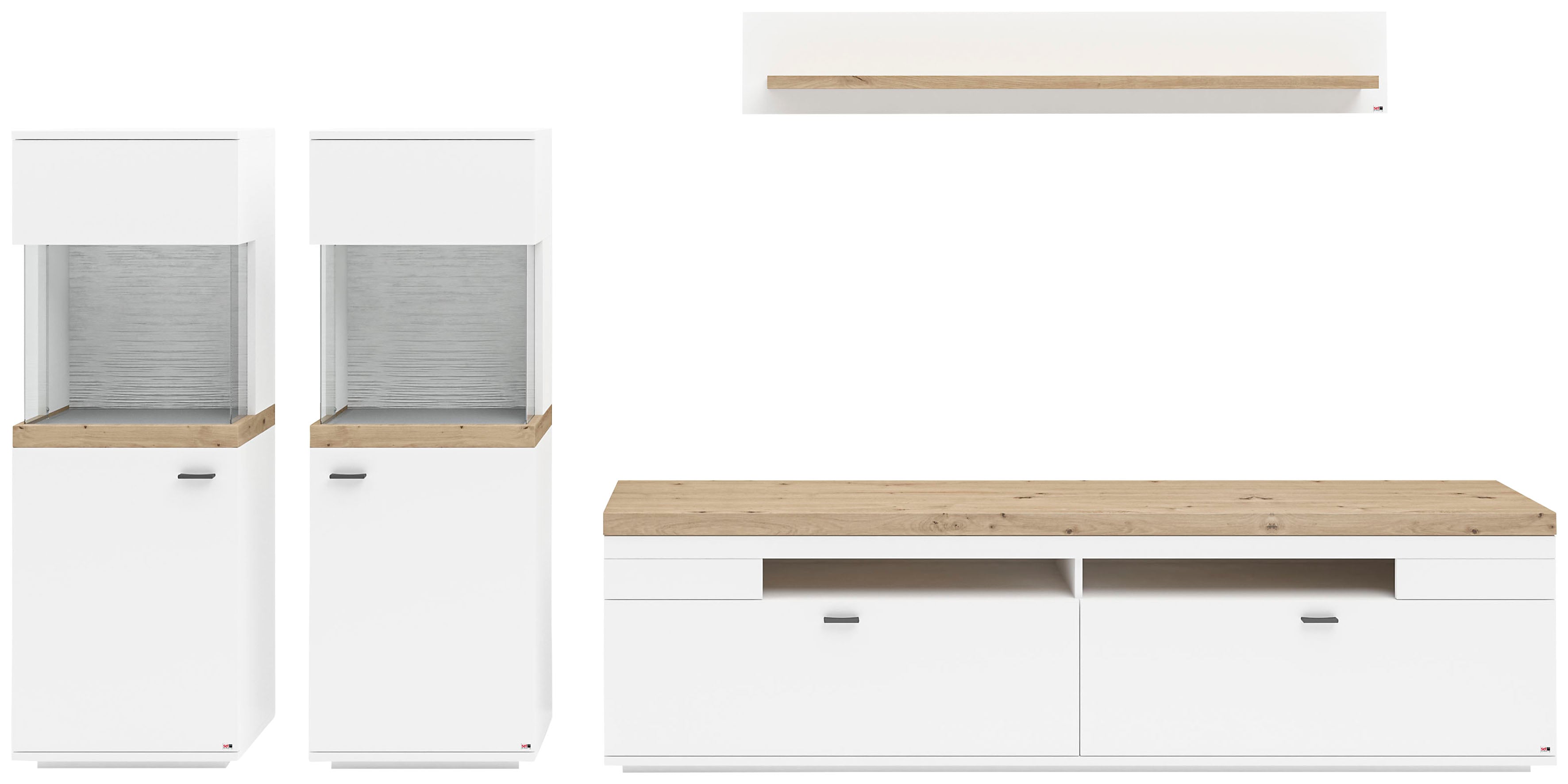 Wohnwand "Lancaster", weiß (weiß mit eiche artisan), B:330,2cm H:170cm T:43,6cm, SET ONE BY MUSTERRING, Kastenmöbel-Sets, 4-teilig mit Fronten in weiß oder grau, Breite ca.330cm