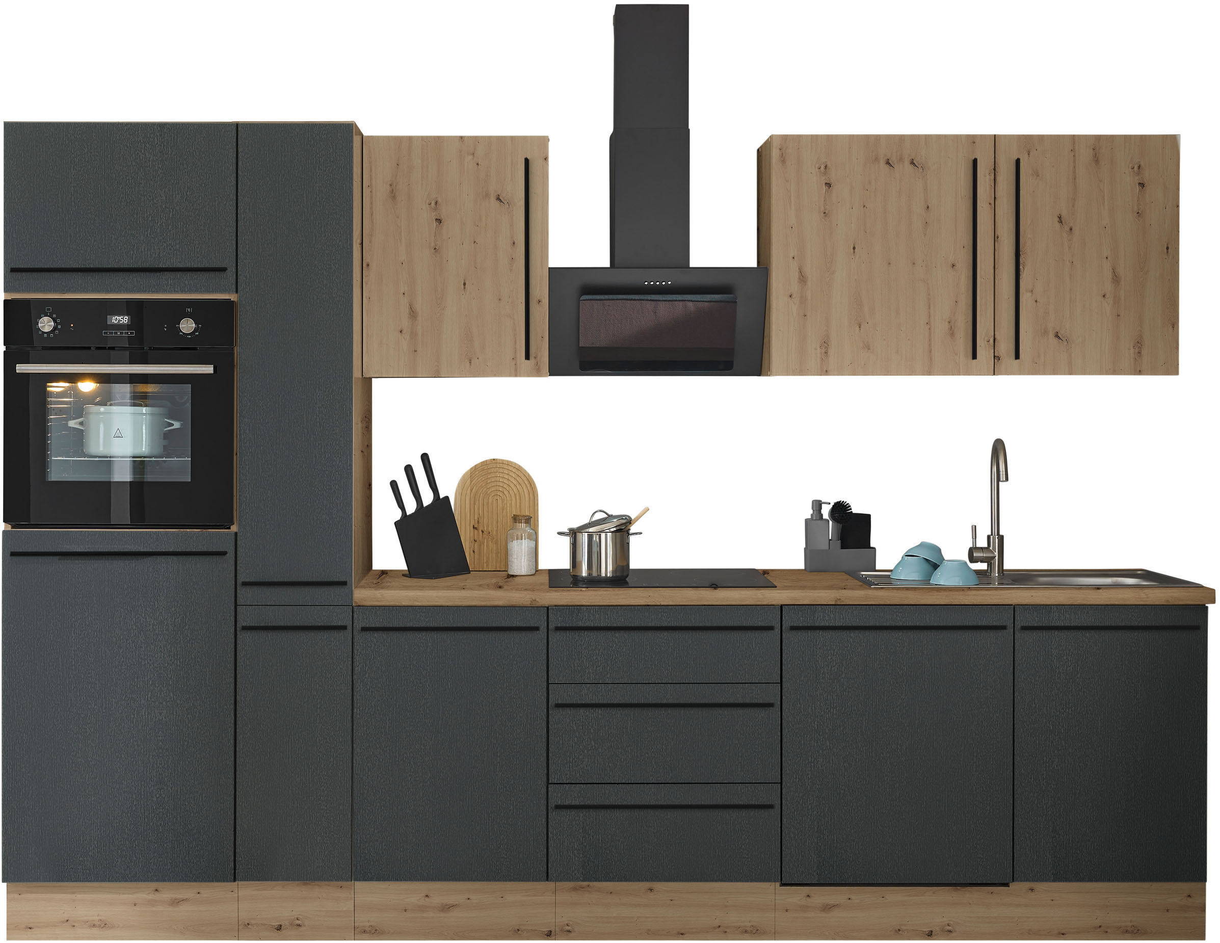 Küchenzeile KOCHSTATION "Florida", schwarz (küche: schwarz, front: artisan eiche, schwarz matt, korpus: artisan eiche, arbeitsplatte: artisan eiche), B:310cm H:211cm T:60cm, Komplettküchen-Sets, Breite 310 cm, wahlweise mit E-Geräten,Softclose für...