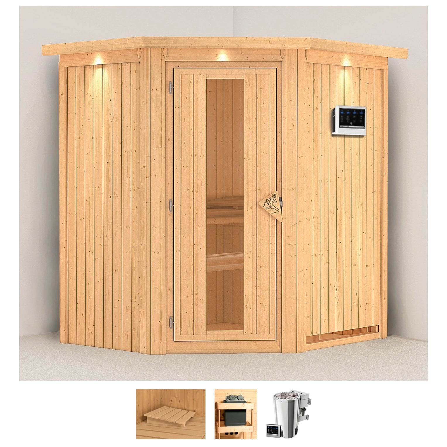 Sauna KARIBU "Tomke", beige (naturbelassen), Bio-Kombiofen, externe Steuerung, 3,6 kW, Saunen, Ofen 3,6 kW Bio-Ofen externe Strg. easy