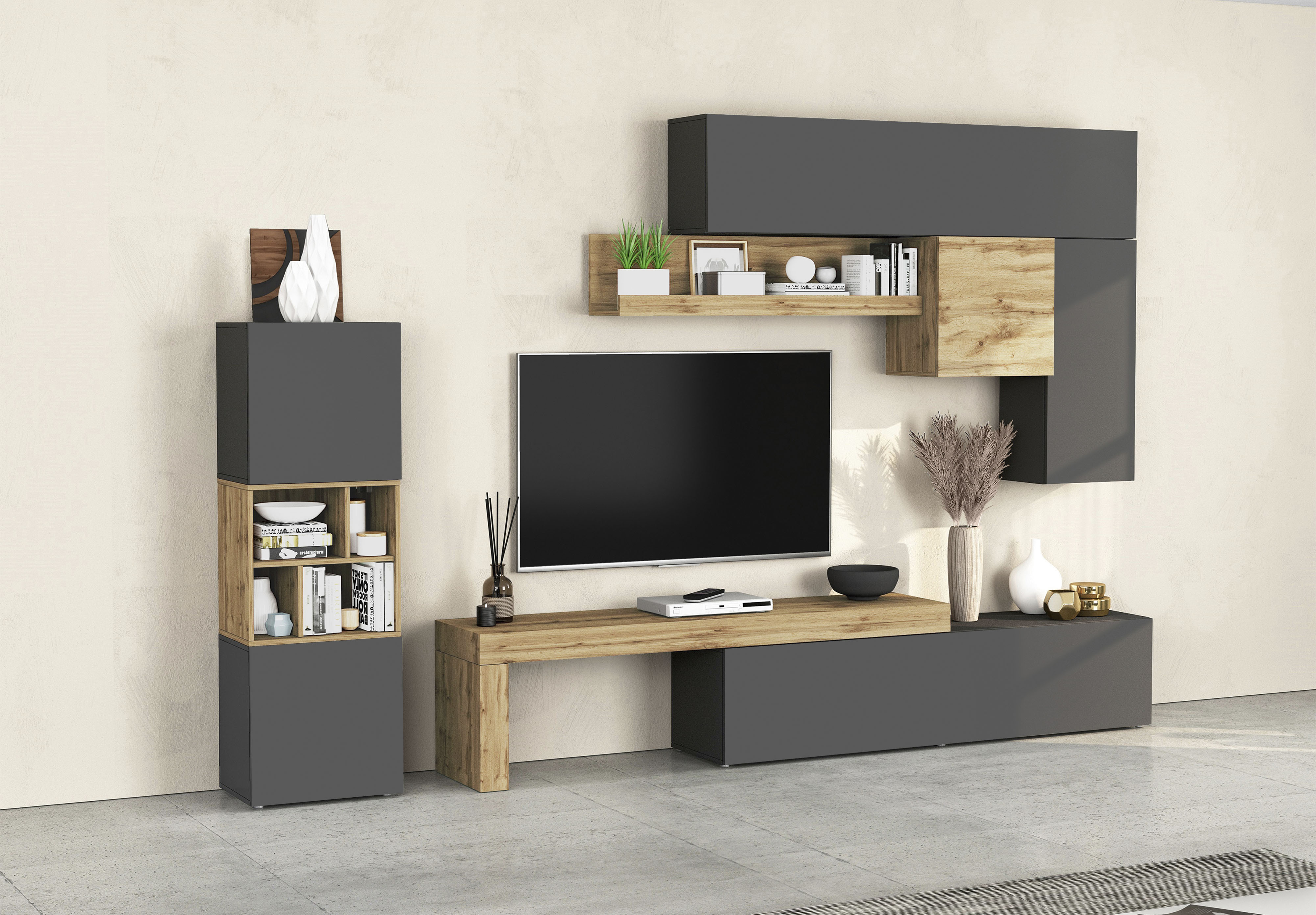 Wohnwand INOSIGN "Chronos Wohnwand, Medienwand, 8-er set", grau (anthrazit, eiche wotan), Holzwerkstoff, Kastenmöbel-Sets, ca. 320 cm mit Hängeschränke, Würfel, Regal, Lowboard, Made in Italy