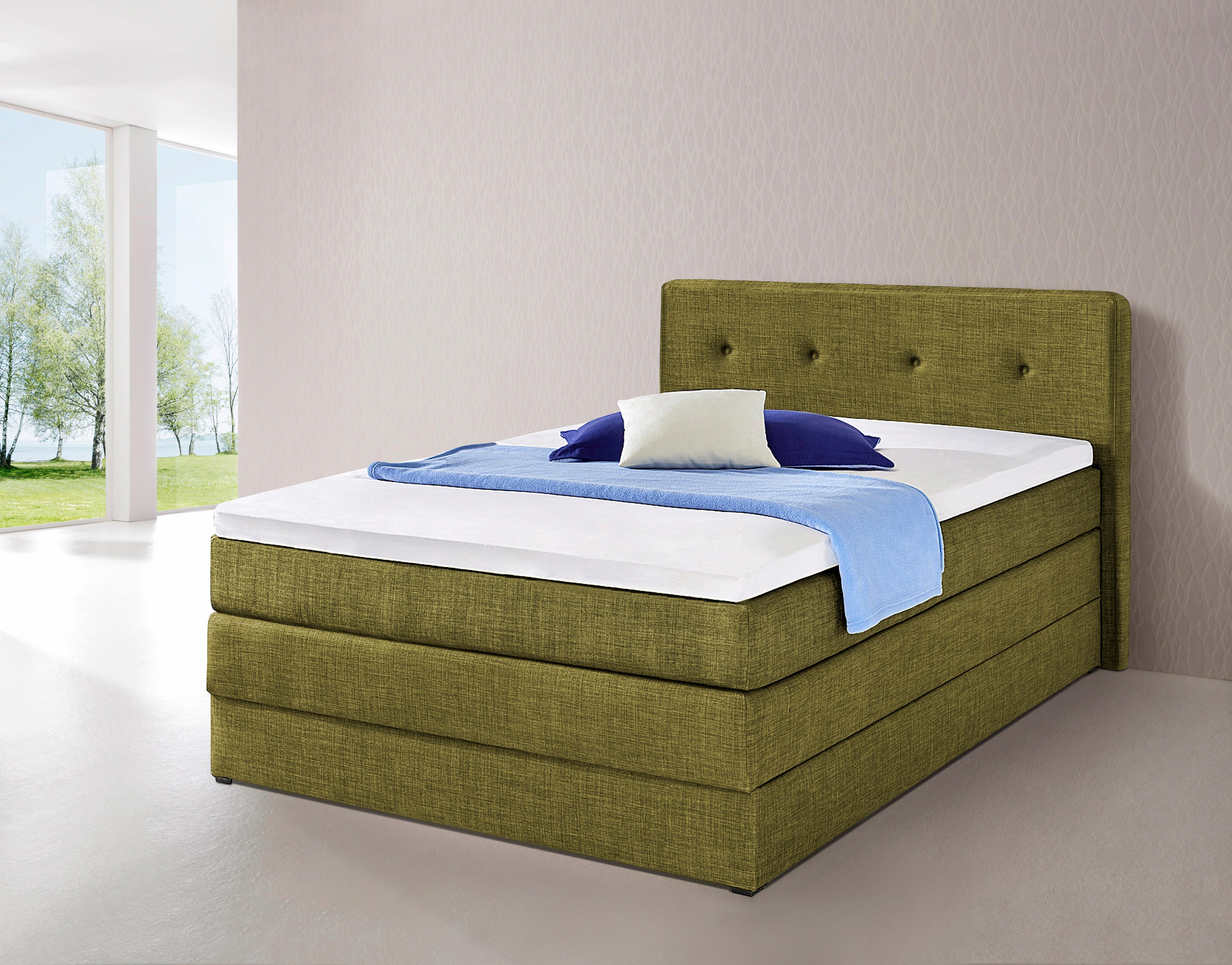 Boxspringbett HAPO, grün, Liegefläche B/L: 140cm x 200cm, kein Härtegrad, 7-Zonen-Kaltschaummatratze, Kopfteil, seitliche Unterbox und Obermatratze sind mit pflegeleichtem Feinstrukturstoff in Leinenoptik (100% Polyester) bezogen;Die Oberseite der... Image