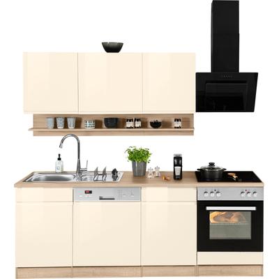 Küchenzeile KOCHSTATION "KS-Virginia", beige (front: creme hochglanz, korpus: eiche sonoma, arbeitsplatte: eiche sonoma), B:220cm H:200cm T:60cm, Komplettküchen-Sets, Breite 220 cm, wahlweise mit oder ohne E-Geräte Image