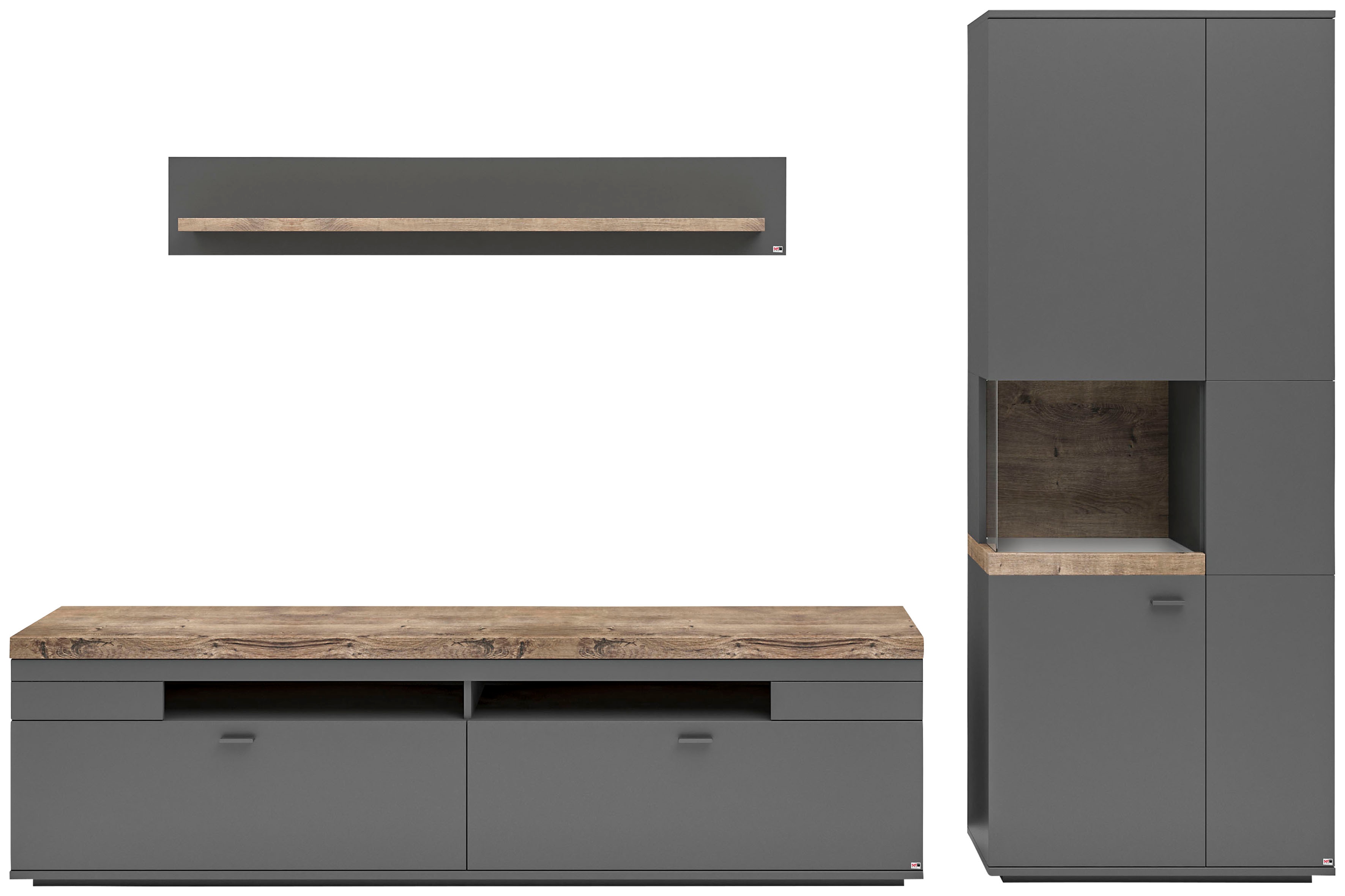 Wohnwand "Lancaster", grau (grau mit eiche ribbeck cognac), B:300cm H:206,2cm T:43,6cm, SET ONE BY MUSTERRING, Kastenmöbel-Sets, 3-teilig mit Fronten in weiß oder grau, Breite ca.300cm