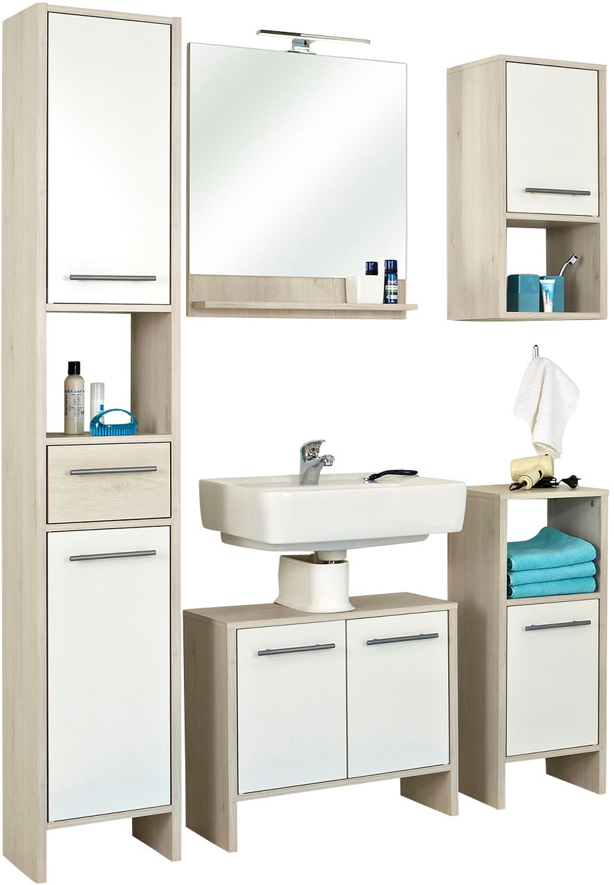 Badmöbel-Set SAPHIR "Quickset 350 5-teilig, mit Waschbeckenunterschrank und LED-Spiegel", beige (pinie ida hell, weiß glanz), B:128cm H:200cm T:28cm, Holzwerkstoff, Kastenmöbel-Sets, Pinie Ida hell Nachbildung, mit 6 Türen, 1 Schublade, 3 Nischen Image