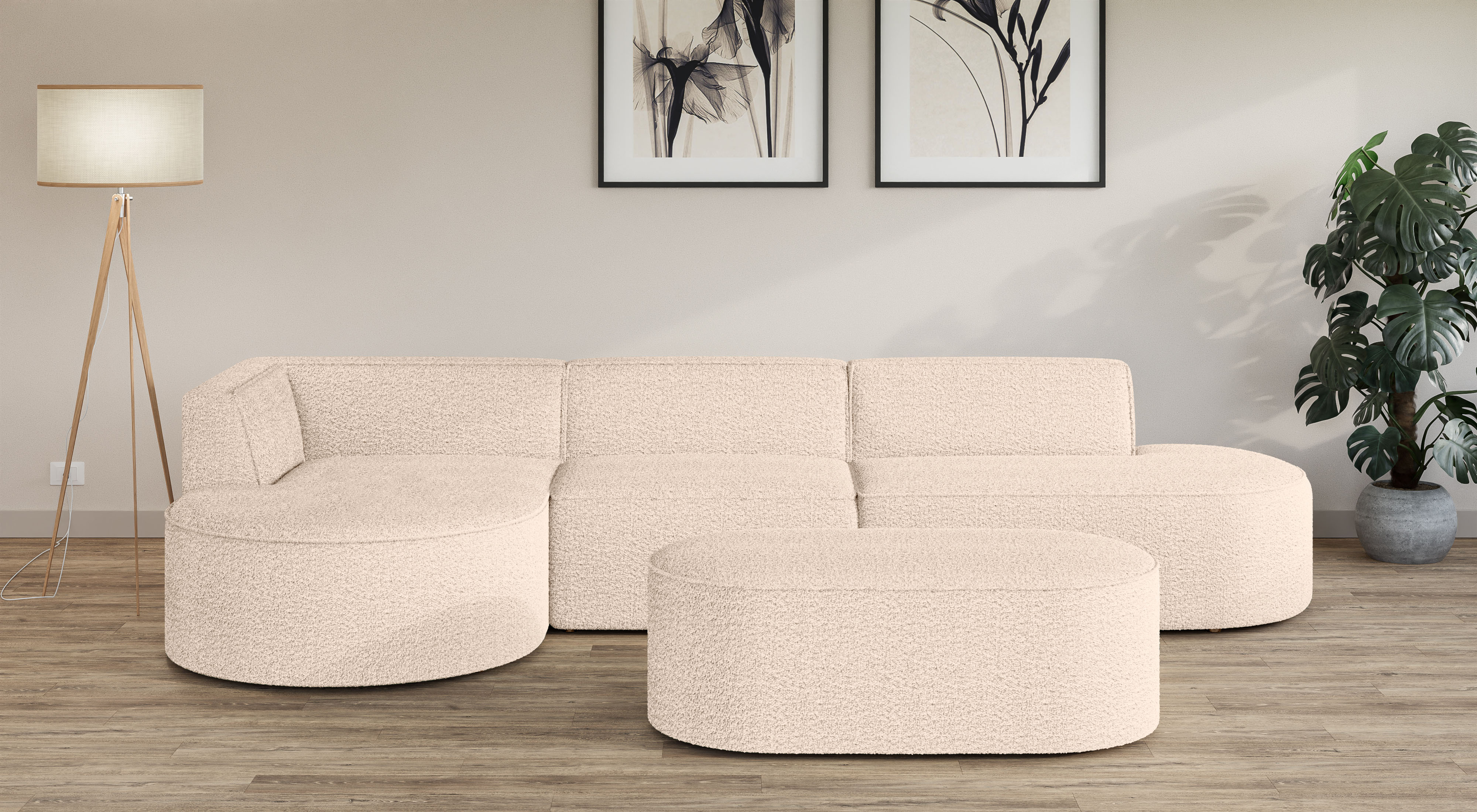 Ecksofa ANDAS "EIVIND Designer Sofa mit Ottomane rechts/links, B/T/H: 343/159/72 cm", beige (hellbeige), B:343cm H:72cm T:159cm, 100% Polyester, Sofas, L-Form mit Wellenunterfederung, auch in Feincord und Bouclé