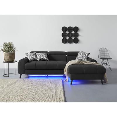 Ecksofa COTTA "Mia L-Form mit 3 Zierkissen", grau (charcoal), B:236cm H:74cm T:164cm, 100% Polyester, Sofas, wahlweise mit Bettfunktion, Bettkasten, Beleuchtung & Wireless-Charger Image