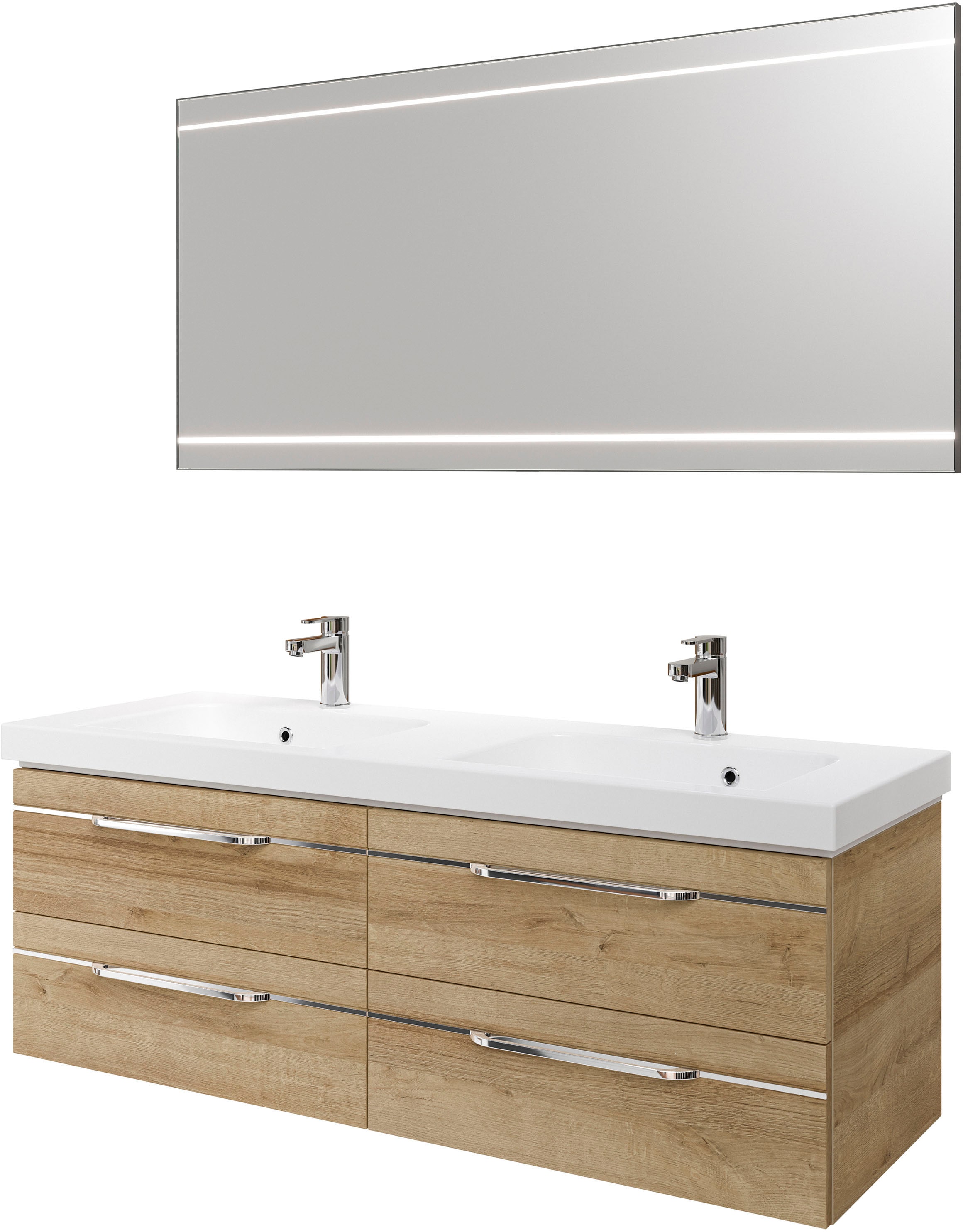Badmöbel-Set SAPHIR "Balto 2-teilig Mineralmarmor-Doppelwaschtisch mit LED-Spiegel", braun (riviera eiche quer nachbildung mit chromeinlage), B:150cm H:200cm T:50,8cm, Spanplatte, Kastenmöbel-Sets, Waschplatz 150 cm breit, 4 Schubladen, inkl.... Image