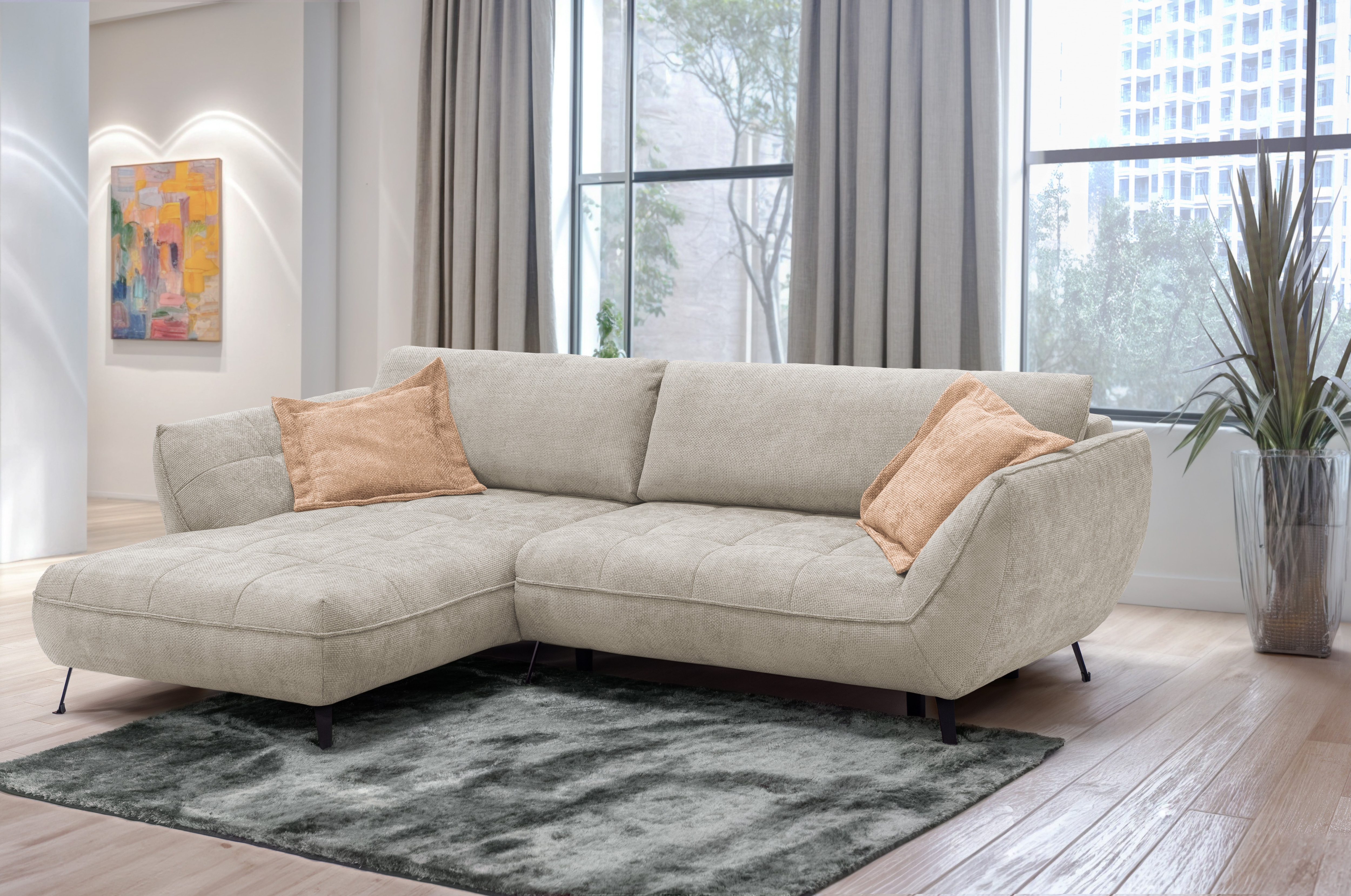 Ecksofa EXXPO - SOFA FASHION "Samoa, bequem und modern, mit Easy-Lift-Bettfunktion, L-Form", grau (beige), B:282cm H:88cm T:187cm, Sofas, Ecksofa Samoa, inkl. Bettfunktion, Bettkasten und Rückenkissen