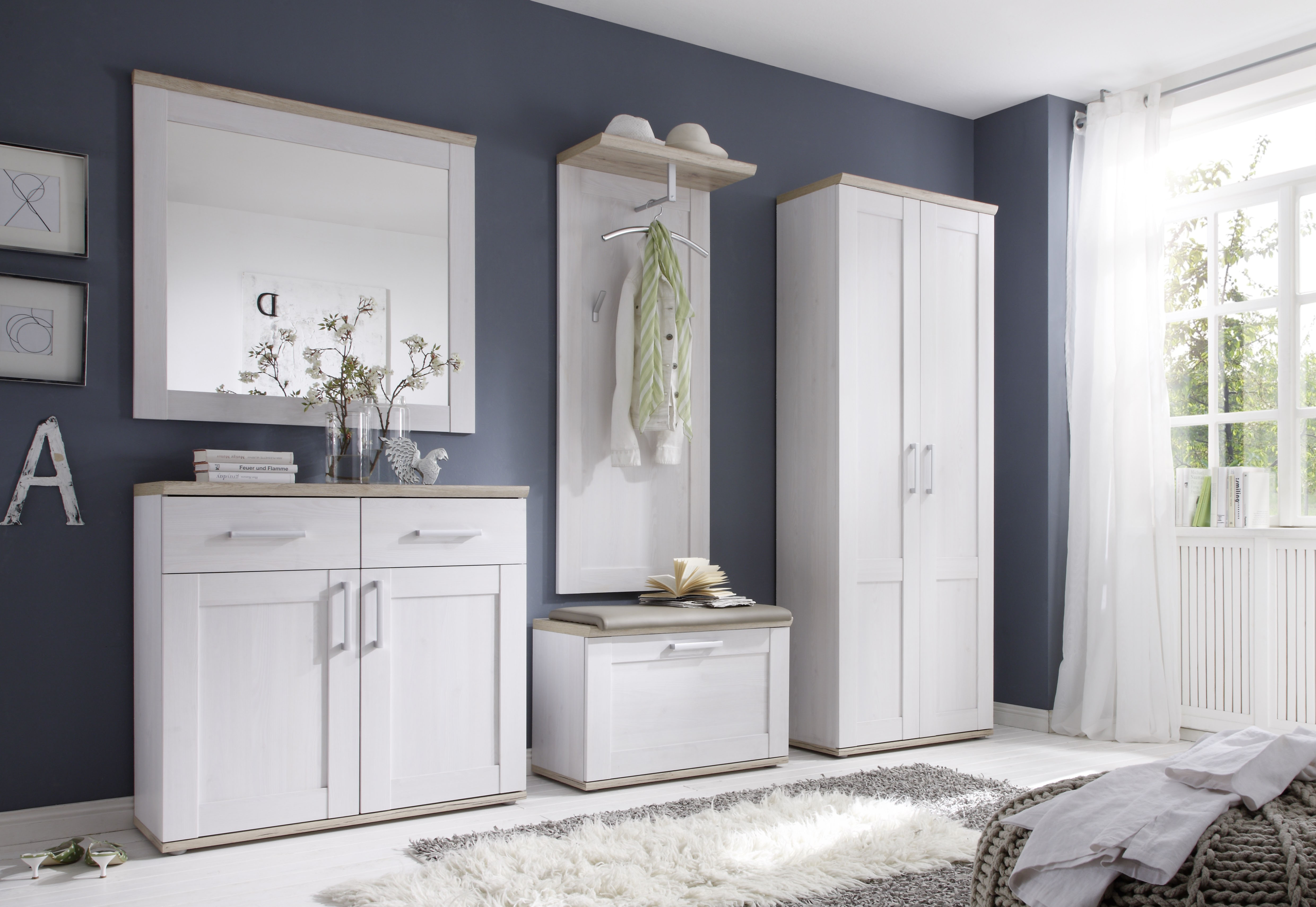 Garderobenpaneel HBZ "Romance im Landhausstil,BxHxT 59x143x30 cm", weiß (sibiu lärche, san remo), B:59cm H:143cm T:30cm, Holzwerkstoff, Garderobenpaneele, Landhausstil, Paneel mit 3 Kleiderhaken, 1 Kleiderstange