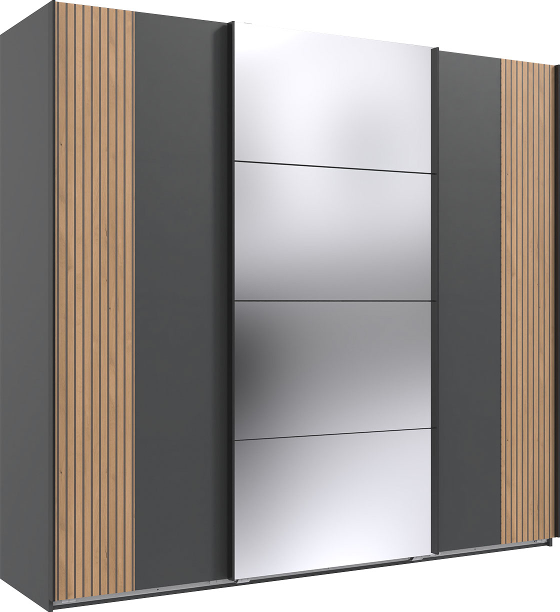 Schwebetürenschrank WIMEX "Malaga", grau (graphit, akustiklamellen nachbildung in artisan eiche nachbildung), B:225cm H:208cm T:65cm, Spanplatte, Schränke, Schwebetürenschrank, Kleiderschrank 3-türig mit Akustiklamellen-Optik und Spiegel