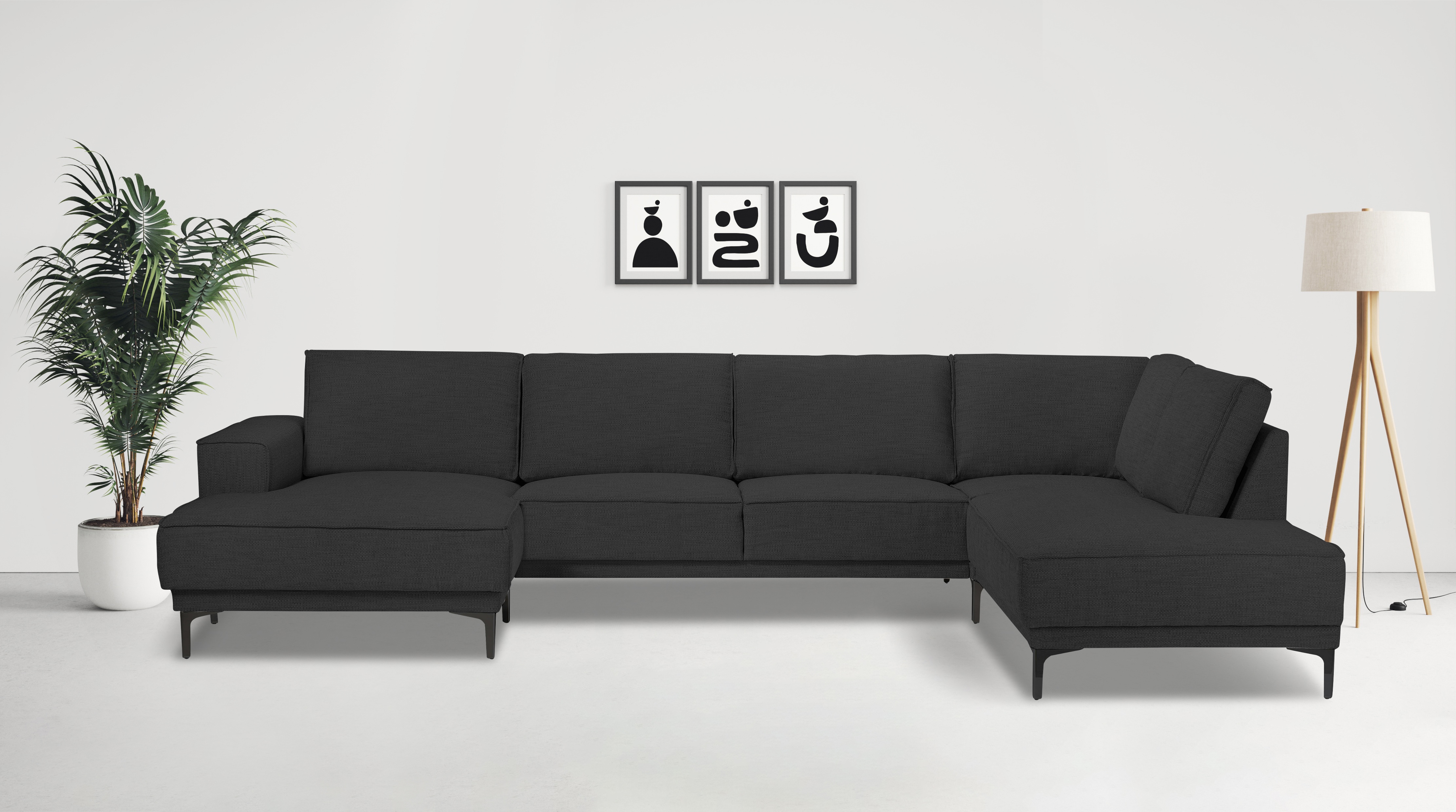 Wohnlandschaft OTTO HOME "XXL Sofa Oland, Struktur, Flachgewebe, Luxus-Microfaser, Boucle", grau (anthrazit), B:345cm H:85cm T:210cm, 100% Polyester, Sofas, Wohnlandschaft, U-Form, 345 cm, Wellenunterfederung, Skandi-Design, Metallfüße