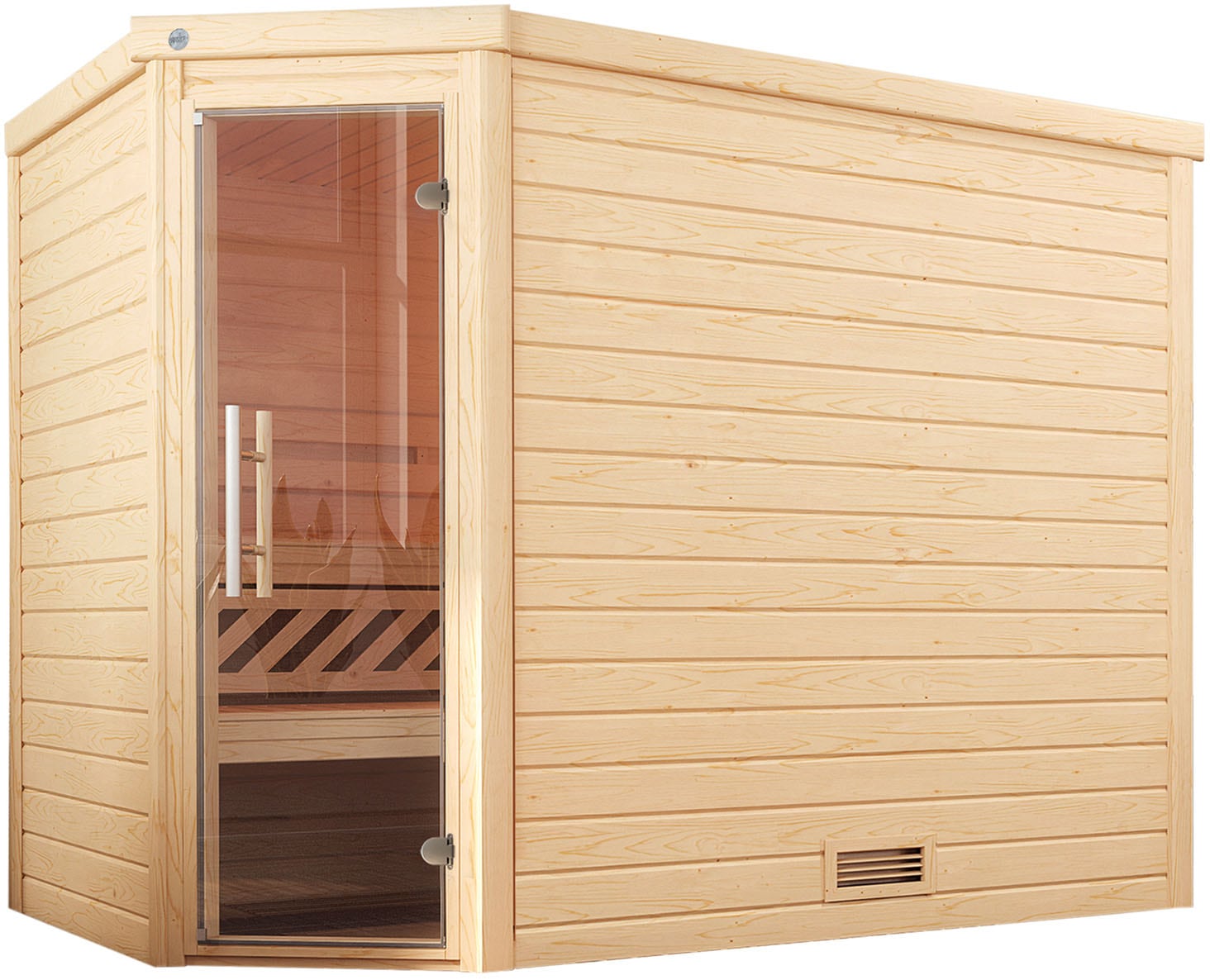 Sauna WEKA "Massivholzsauna TURKU 3", beige (natur), Saunaofen, integrierte Steuerung, 9 kW, Saunen, Blockbohlen, moderne Ganzglastür