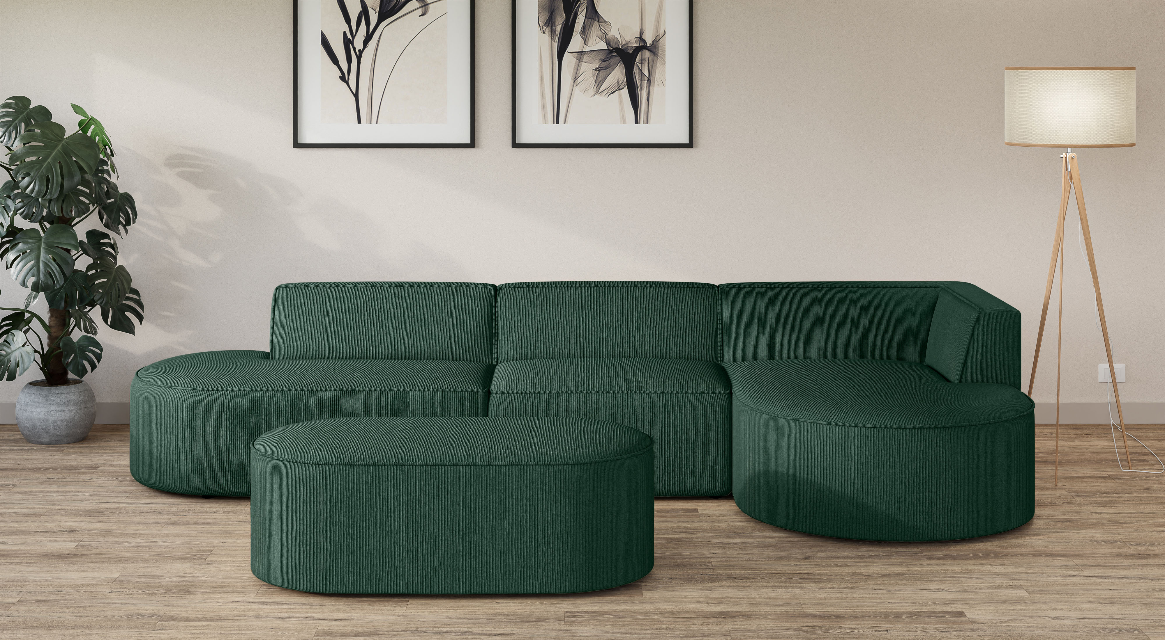 Ecksofa ANDAS "EIVIND Designer Sofa mit Ottomane rechts/links, B/T/H: 343/159/72 cm", grün (dunkelgrün), B:343cm H:72cm T:159cm, 100% Polyester, Sofas, L-Form mit Wellenunterfederung, auch in Feincord und Bouclé