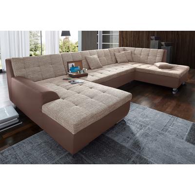 Wohnlandschaft DOMO COLLECTION "Treviso incl. Zierkissen, moderne Steppung, XXL: B/T/H: 364/201/83 cm", braun (braun, beigebraun), B:364cm H:83cm T:201cm, Kunstleder Softlux / Struktur (90% Polyester; 10% Polyacryl), Microfaser-Primabelle (100%... Image
