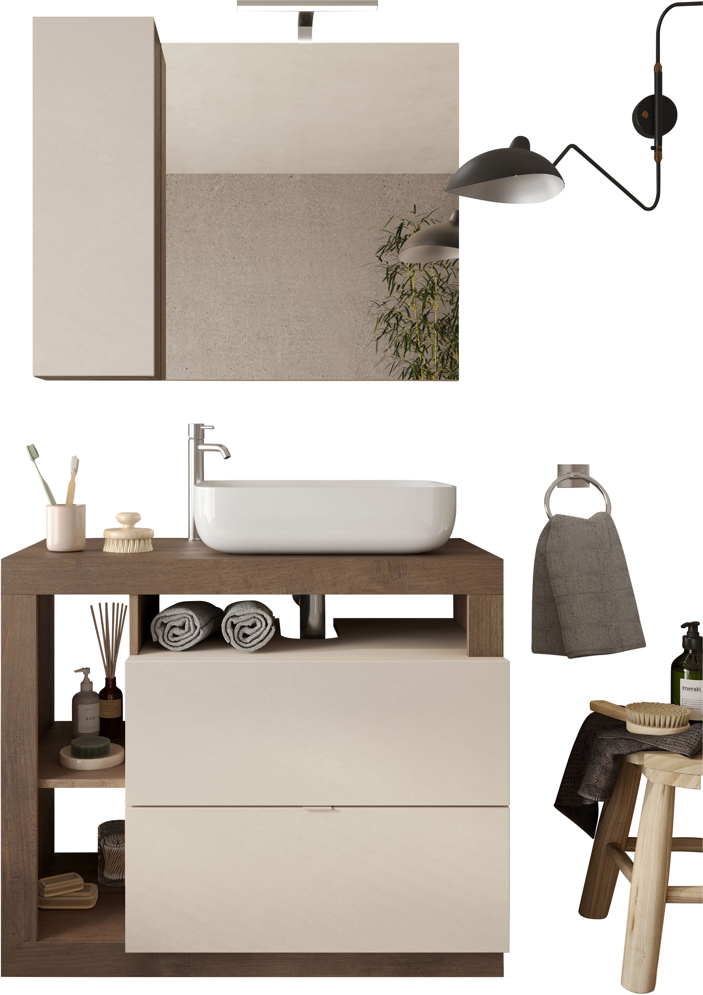 Badmöbel-Set WELLTIME "Hamburg, Badezimmerset 2tlg. Breite 92 cm, Badmöbel, Waschtisch inkl.", weiß (cashmere, mercure nb holzstruktur), B:92cm H:190cm T:49cm, Holzwerkstoff, Kastenmöbel-Sets, Badmöbel-Set, Waschbecken, Spiegelschrank mit LED...