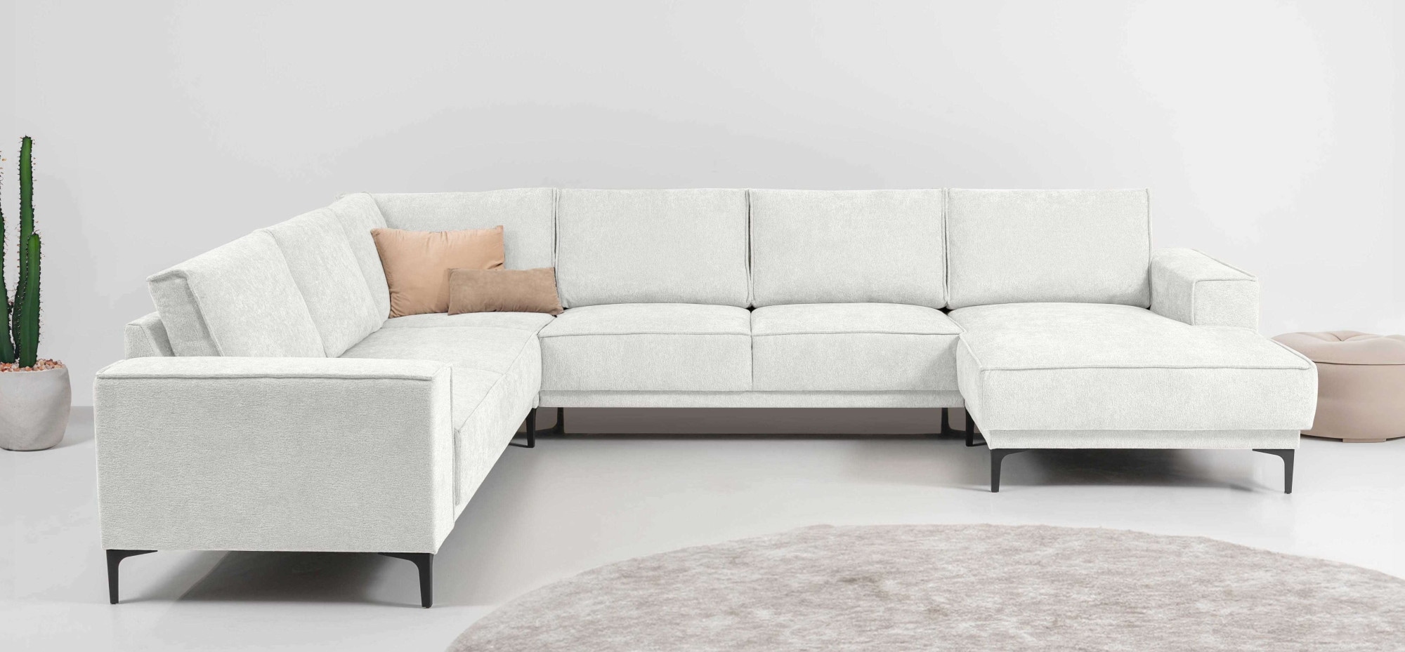 Wohnlandschaft OTTO HOME "XXL Sofa Oland, Struktur, Flachgewebe, Luxus-Microfaser, Boucle", beige (sand), B:342cm H:85cm T:260cm, 100% Polyester, Sofas, Wohnlandschaft, U-Form, 342 cm, Wellenunterfederung, Skandi-Design, Metallfüße