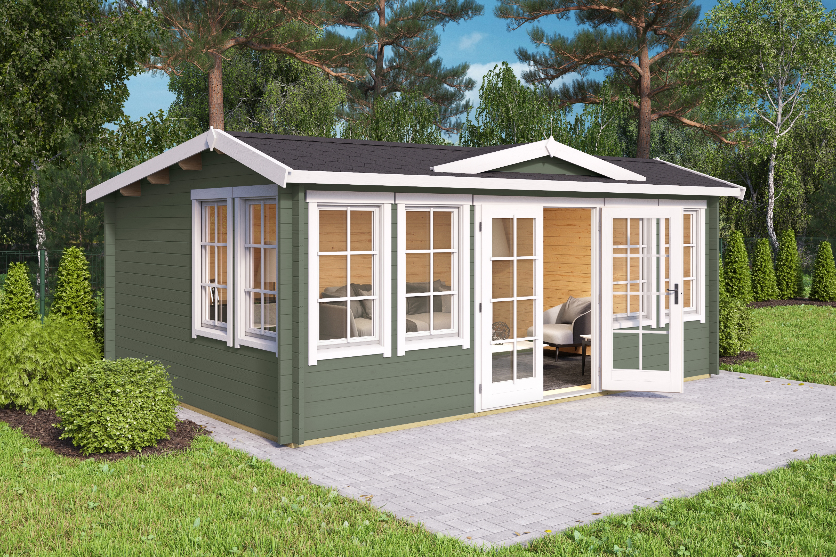 Gartenhaus NORDIC HOLZ "BALMORAL 44", grün (grüngrau), Fußboden im Gartenhaus, ohne Dacheindeckung, Massivholz, Gartenhäuser, Gartenhaus