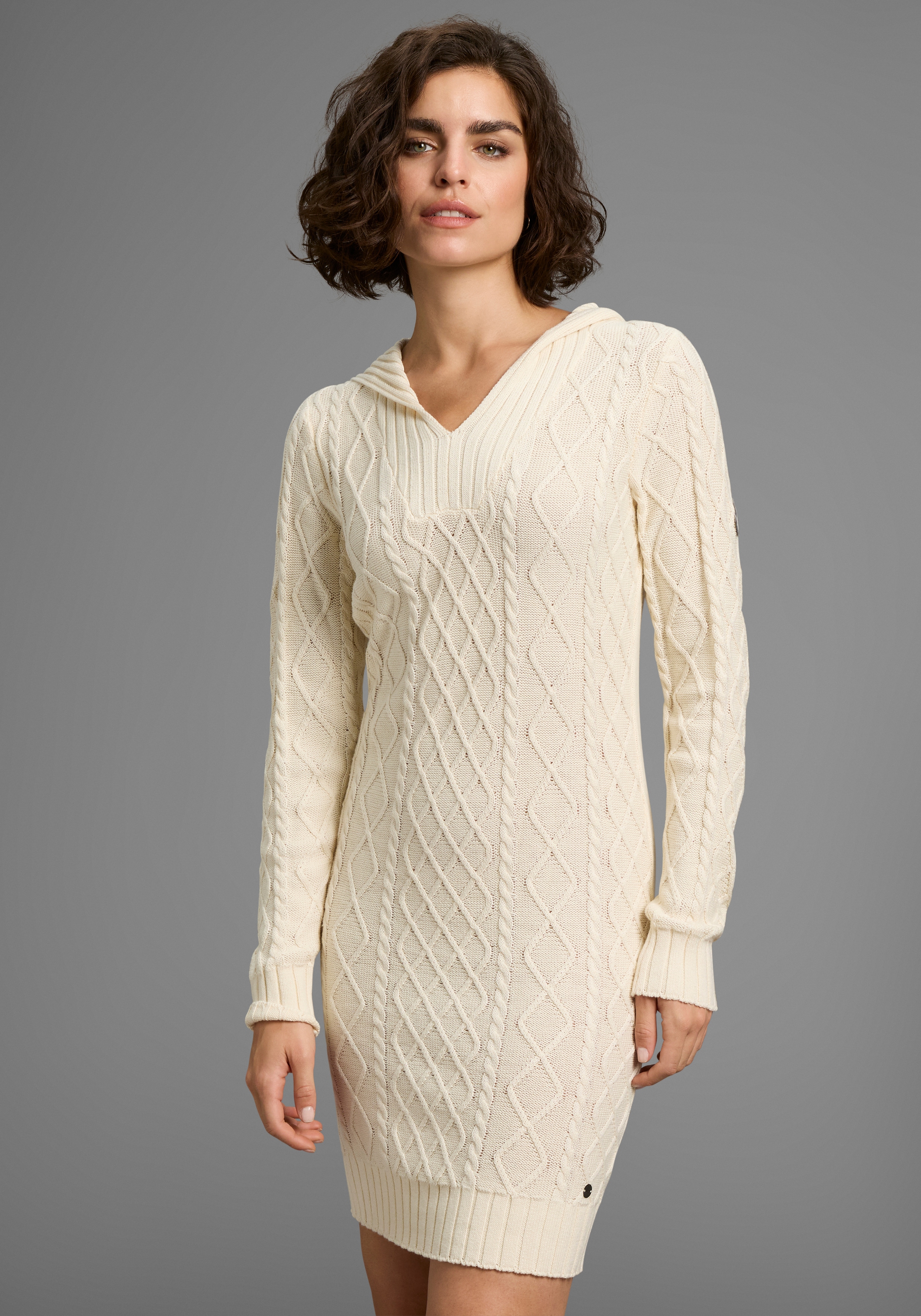 Strickkleid KANGAROOS, Damen, Gr. 40/42, N-Gr, weiß (sanftes weiß), Strick, Obermaterial: 50% Baumwolle, 50% Polyacryl, Zopfmuster, Kleider Strickkleid, mit modischem Zopfmuster