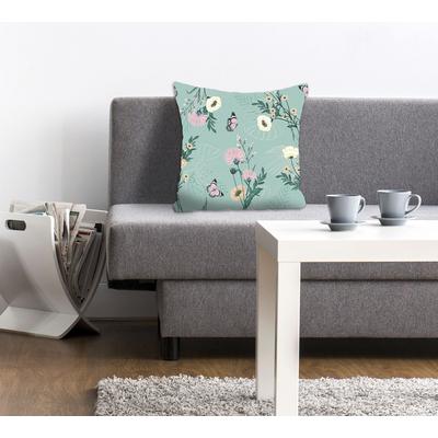 Dekokissen QUEENCE "Noemi", blau (türkis, bedruckt), B:40cm L:40cm, Polyester, Dekokissen_Sitzkissen_Kissenhüllen, mit Schmetterlingen auf Blumen Image