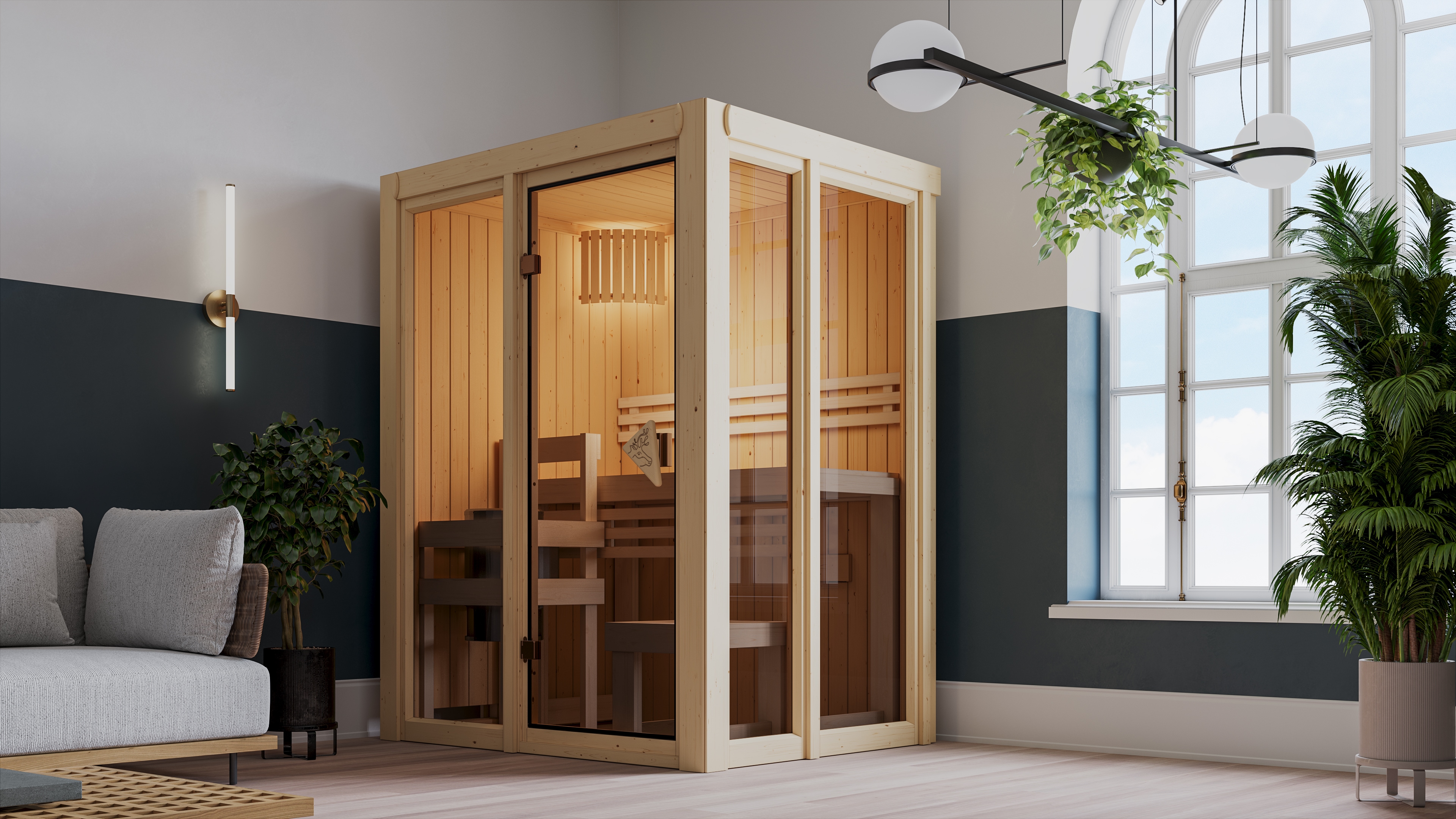 Sauna KARIBU "Vivi 1", beige (naturbelassen), Saunaofen, externe Steuerung, 3,6 kW, Saunen Image